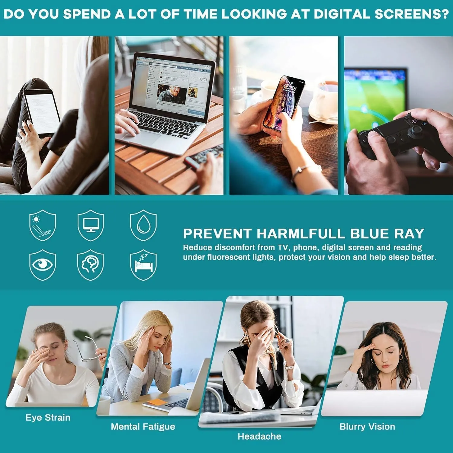 Blue Light Blocking Glasses - Fashion Square Fake Eyeglasses, Anti UV Ray Computer Gaming Glasses Blue Blockers for Women/Men