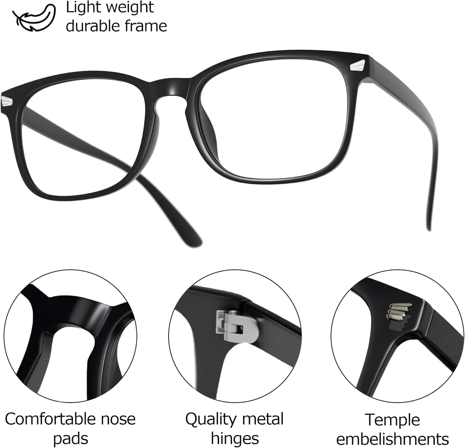 Blue Light Glasses for Woman Men | 99% Blue Light Blocking Glasses for Computer Gaming TV Phone Screen Square Frame | Anti Eyestrain & UV Glare Protection - 3 Pair