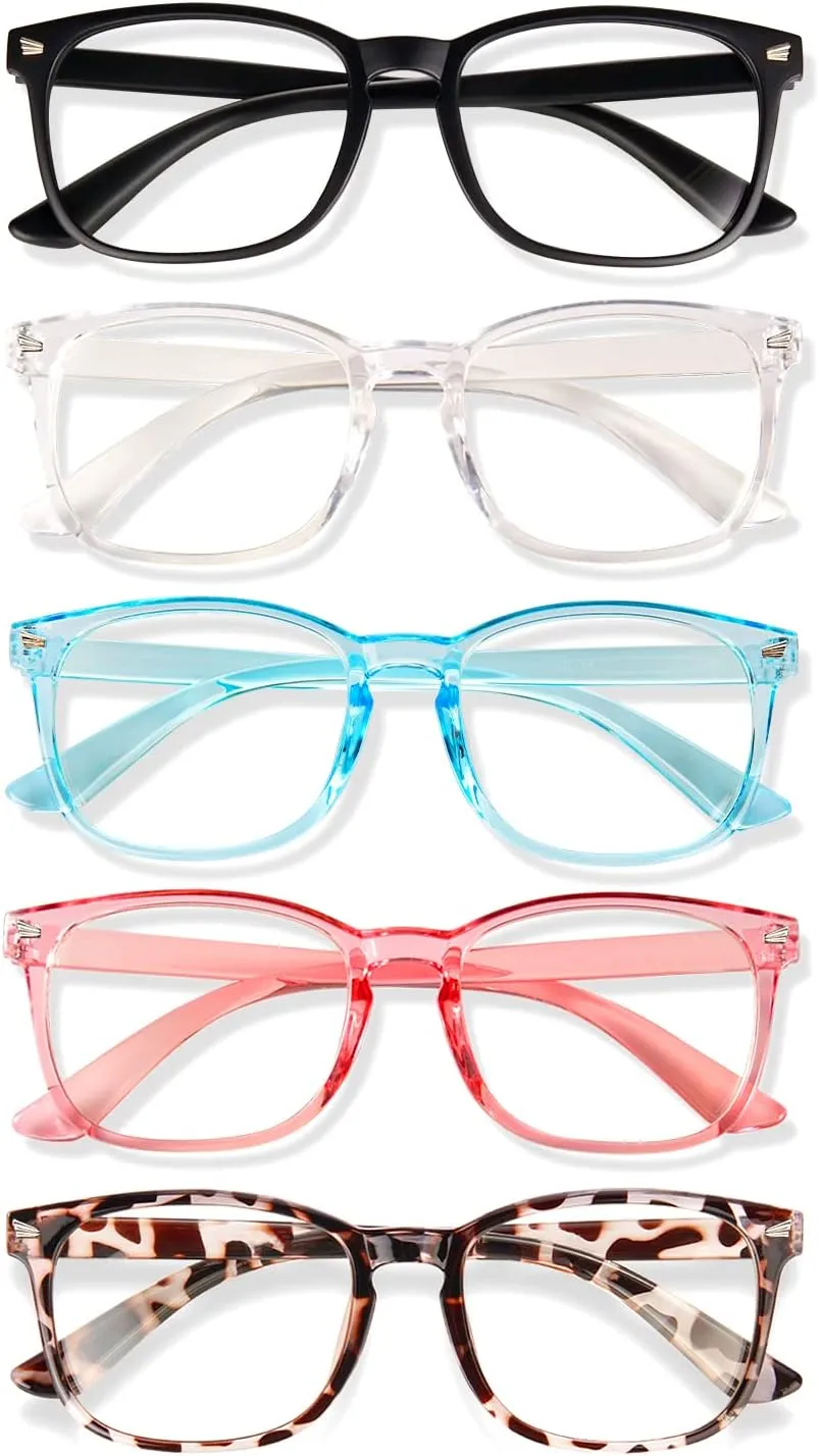 Blue Light Glasses for Woman Men | 99% Blue Light Blocking Glasses for Computer Gaming TV Phone Screen Square Frame | Anti Eyestrain & UV Glare Protection - 5 Pair