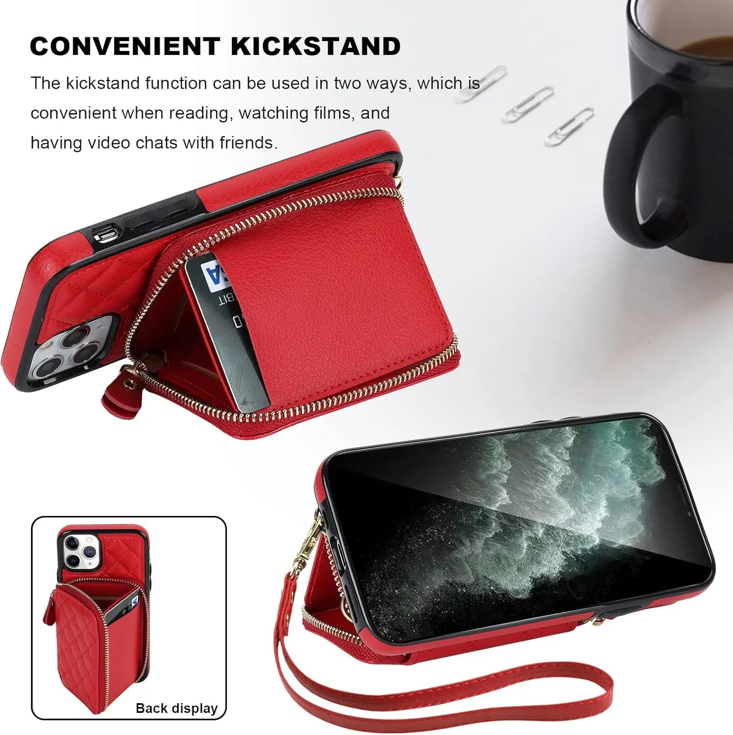 Bocasal Crossbody Wallet Case for iPhone 11 Pro, RFID Blocking PU Leather Zipper Handbag Purse Flip Cover, Kickstand Folio Case with Card Slots Holder Wrist Strap Lanyard 5.8 Inch (Red)