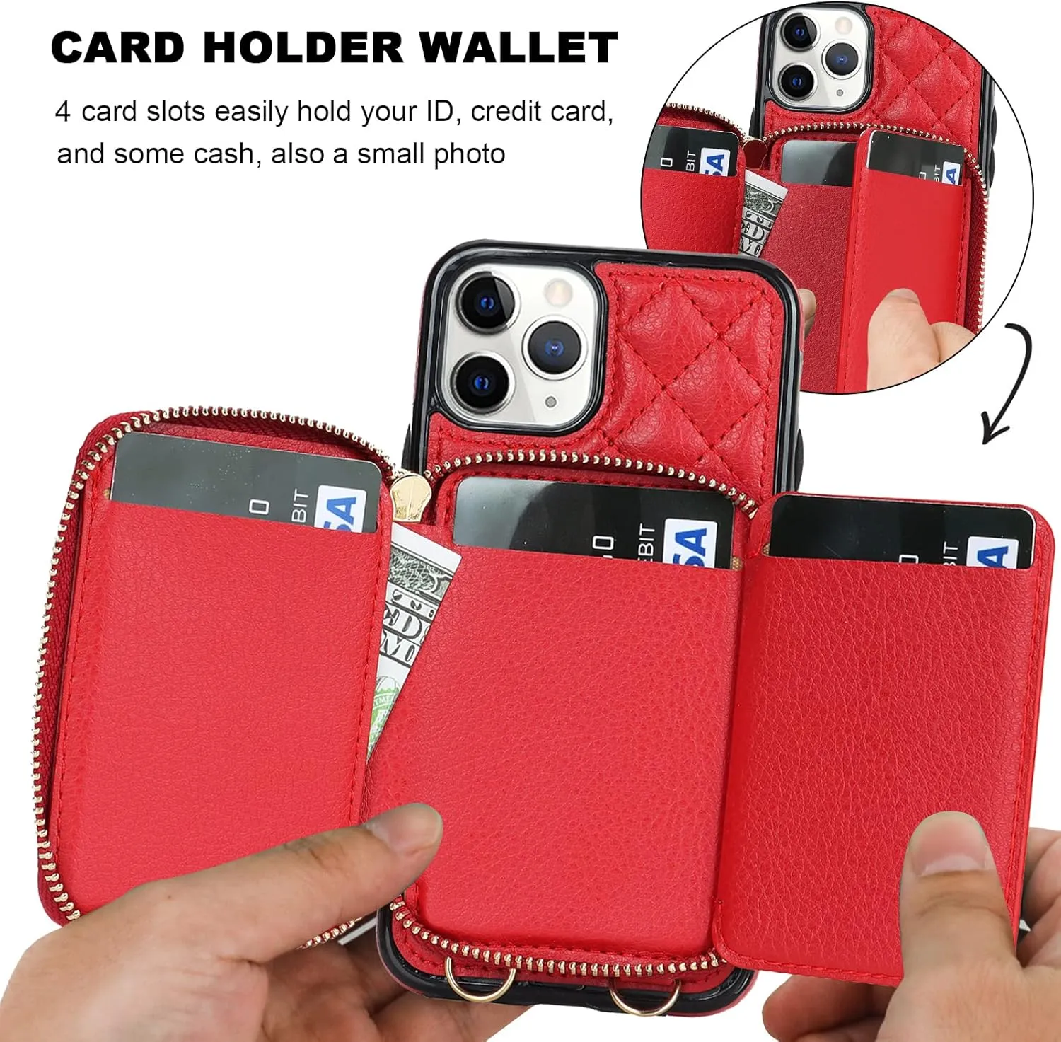 Bocasal Crossbody Wallet Case for iPhone 11 Pro, RFID Blocking PU Leather Zipper Handbag Purse Flip Cover, Kickstand Folio Case with Card Slots Holder Wrist Strap Lanyard 5.8 Inch (Red)
