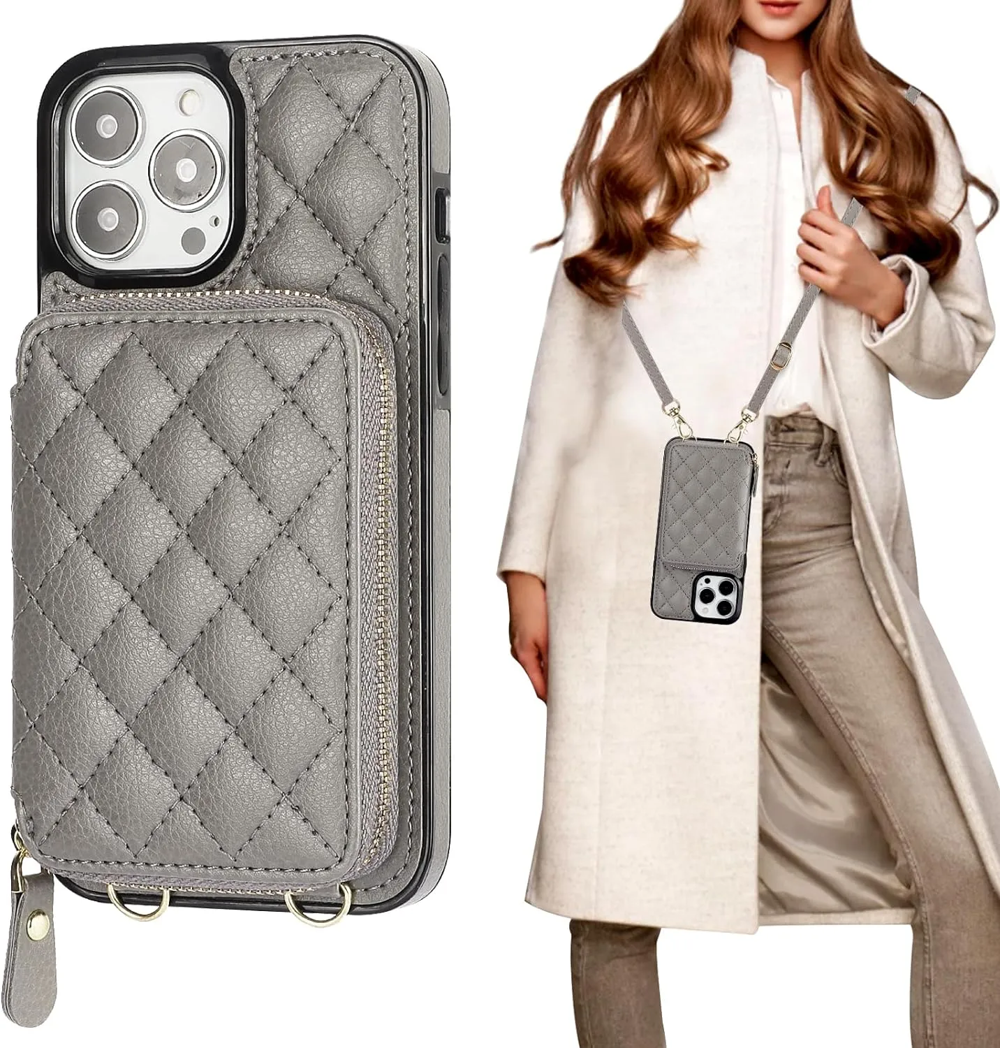 Bocasal Crossbody Wallet Case for iPhone 13 Pro Max, RFID Blocking PU Leather Zipper Handbag Purse Flip Cover, Kickstand Folio Case with Card Slots Holder Wrist Strap Lanyard 5G 6.7 Inch (Grey)