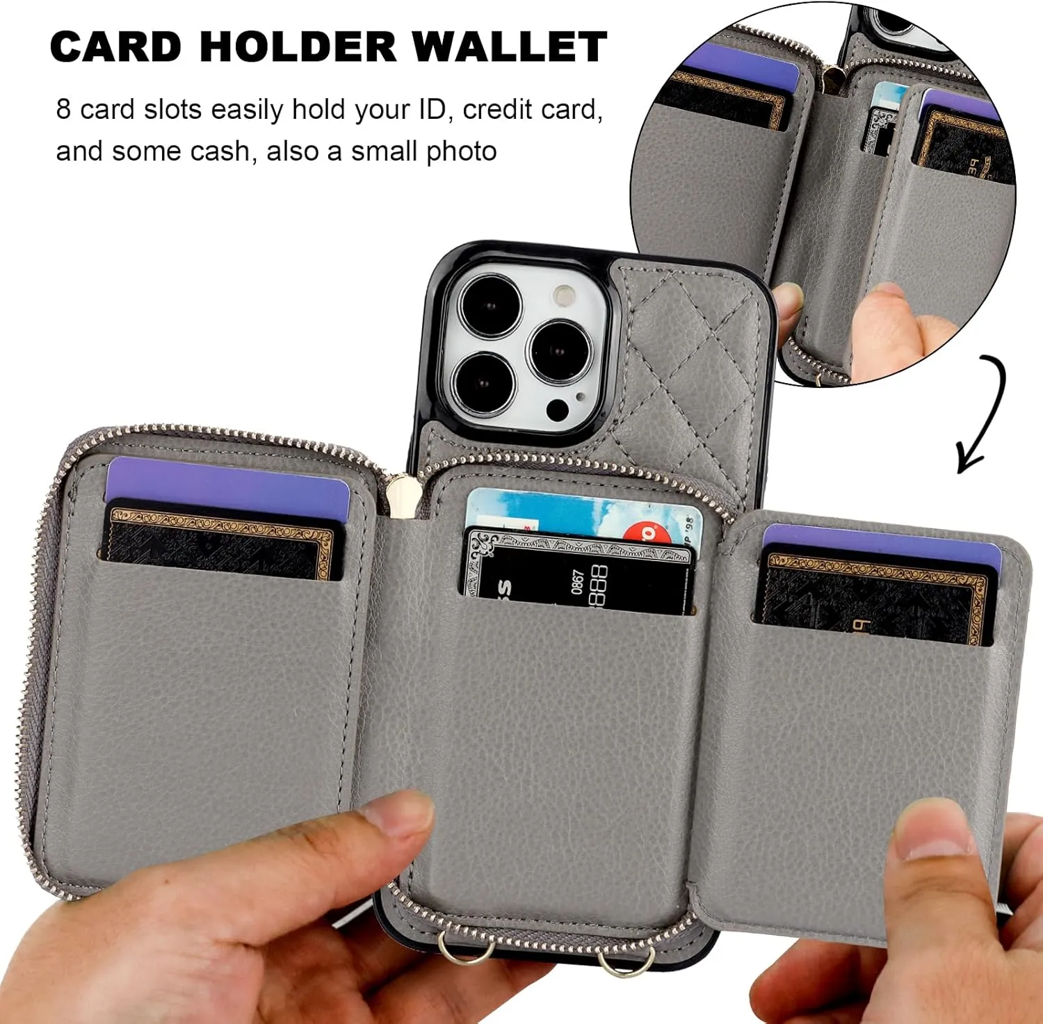 Bocasal Crossbody Wallet Case for iPhone 13 Pro Max, RFID Blocking PU Leather Zipper Handbag Purse Flip Cover, Kickstand Folio Case with Card Slots Holder Wrist Strap Lanyard 5G 6.7 Inch (Grey)