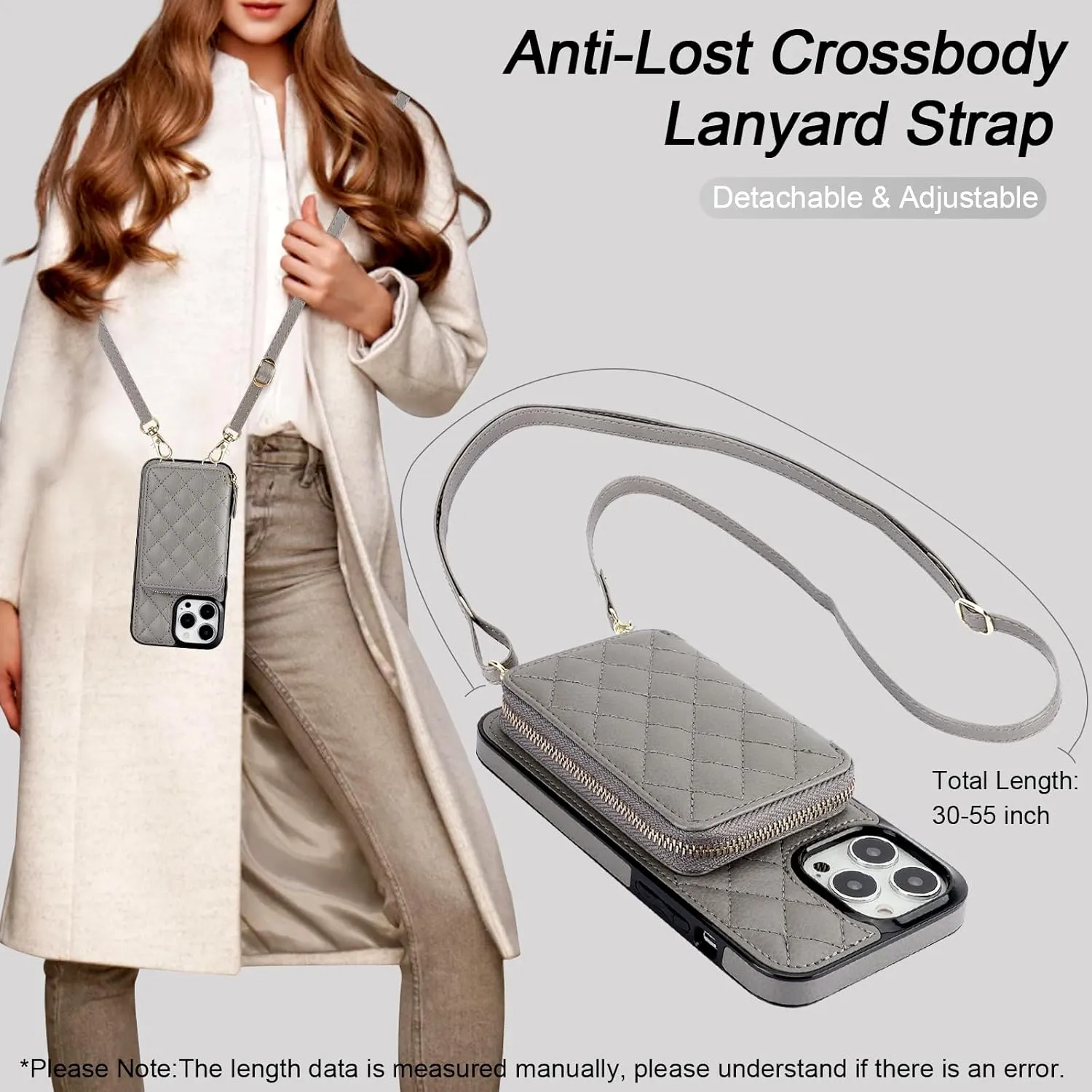 Bocasal Crossbody Wallet Case for iPhone 13 Pro Max, RFID Blocking PU Leather Zipper Handbag Purse Flip Cover, Kickstand Folio Case with Card Slots Holder Wrist Strap Lanyard 5G 6.7 Inch (Grey)