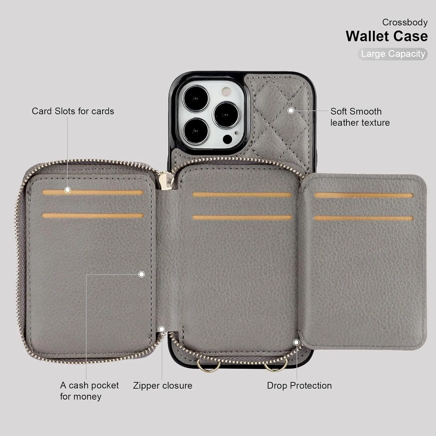 Bocasal Crossbody Wallet Case for iPhone 13 Pro Max, RFID Blocking PU Leather Zipper Handbag Purse Flip Cover, Kickstand Folio Case with Card Slots Holder Wrist Strap Lanyard 5G 6.7 Inch (Grey)