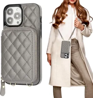 Bocasal Crossbody Wallet Case for iPhone 13 Pro Max, RFID Blocking PU Leather Zipper Handbag Purse Flip Cover, Kickstand Folio Case with Card Slots Holder Wrist Strap Lanyard 5G 6.7 Inch (Grey)