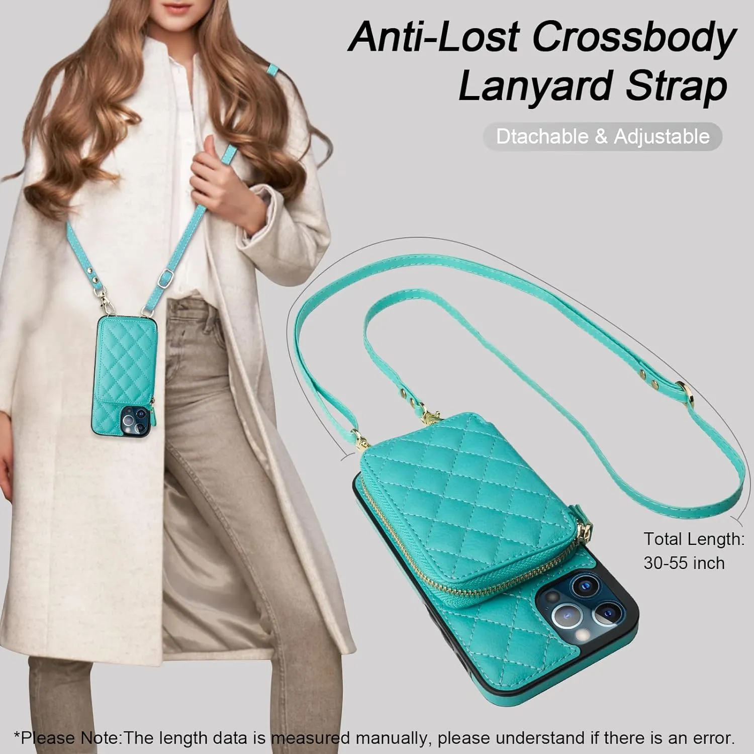 Bocasal Crossbody Wallet Case for iPhone 13 Pro Max, RFID Blocking PU Leather Zipper Handbag Purse Flip Cover, Kickstand Folio Case with Card Slots Holder Wrist Strap Lanyard 5G 6.7 Inch (Mint Green)