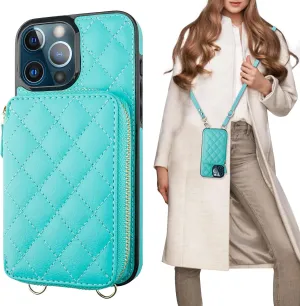 Bocasal Crossbody Wallet Case for iPhone 13 Pro Max, RFID Blocking PU Leather Zipper Handbag Purse Flip Cover, Kickstand Folio Case with Card Slots Holder Wrist Strap Lanyard 5G 6.7 Inch (Mint Green)