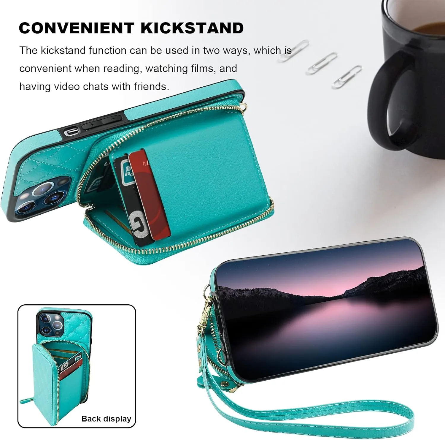 Bocasal Crossbody Wallet Case for iPhone 13 Pro Max, RFID Blocking PU Leather Zipper Handbag Purse Flip Cover, Kickstand Folio Case with Card Slots Holder Wrist Strap Lanyard 5G 6.7 Inch (Mint Green)