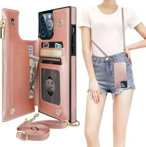 Bocasal Crossbody Wallet Case for iPhone 13 Pro Max with RFID Blocking Card Slot Holder, Magnetic Flip Folio Purse Case, PU Leather Zipper Handbag with Detachable Lanyard Strap 6.7 Inch 5G (Rose Gold)