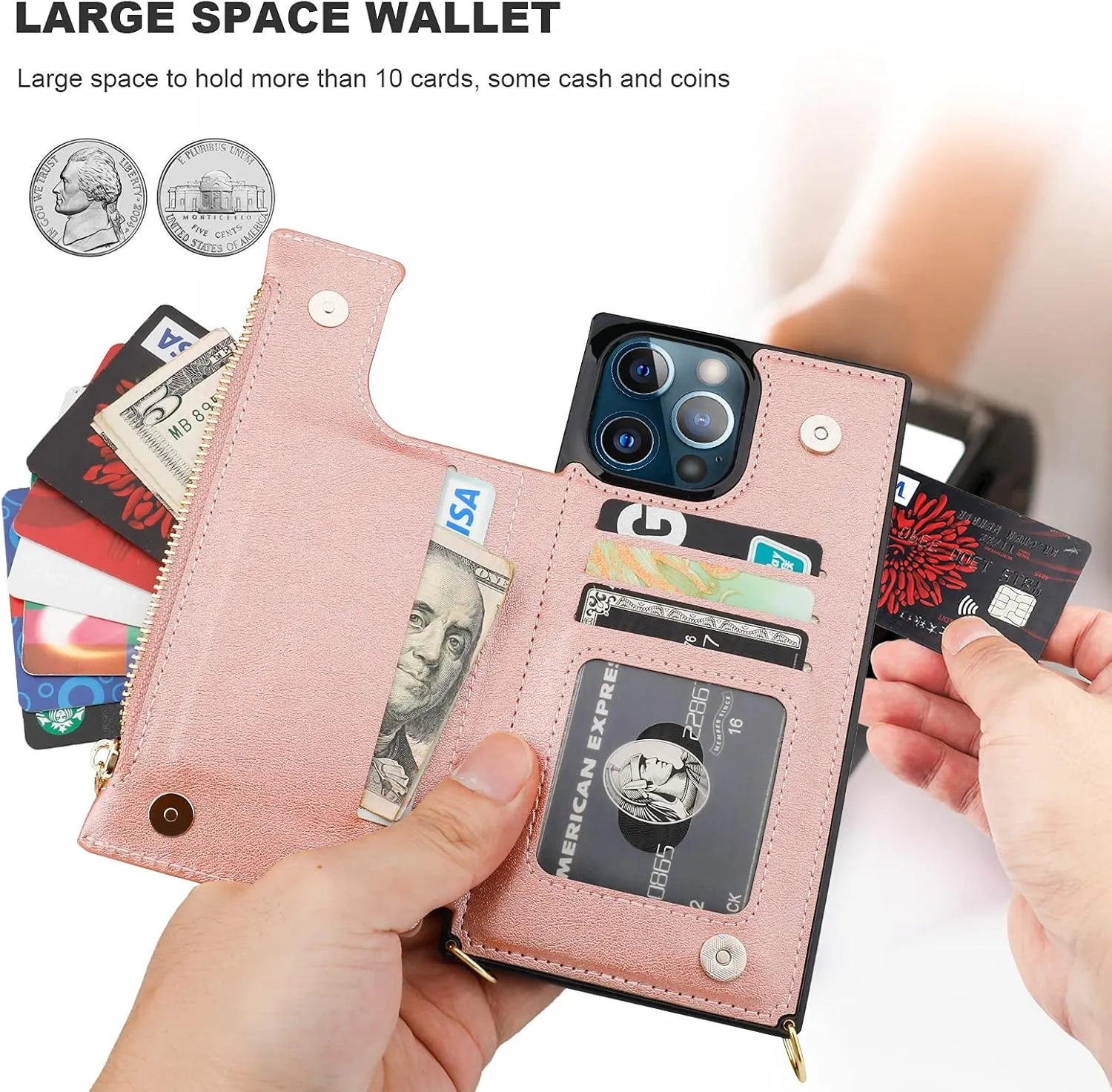 Bocasal Crossbody Wallet Case for iPhone 13 Pro Max with RFID Blocking Card Slot Holder, Magnetic Flip Folio Purse Case, PU Leather Zipper Handbag with Detachable Lanyard Strap 6.7 Inch 5G (Rose Gold)