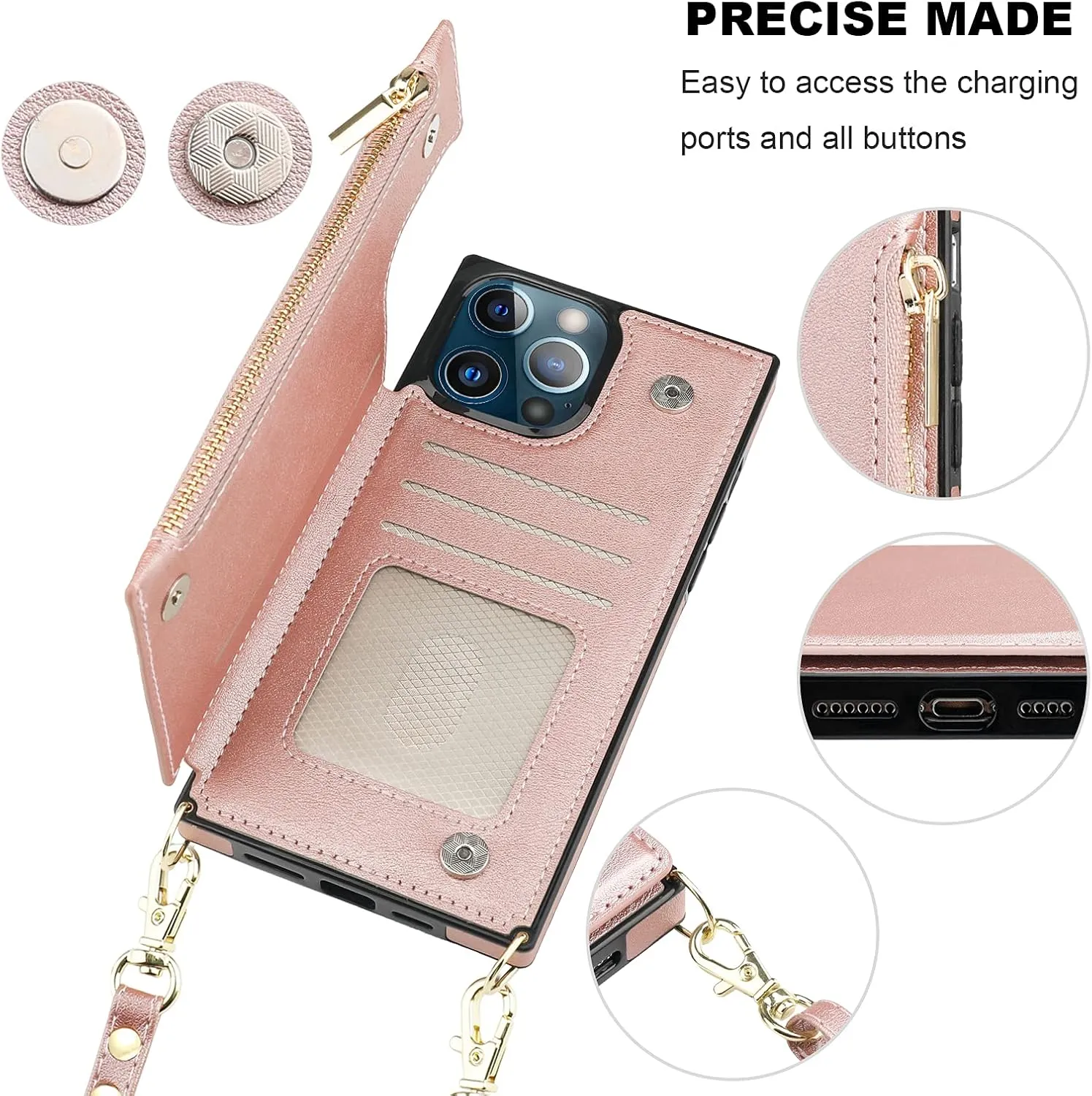 Bocasal Crossbody Wallet Case for iPhone 13 Pro Max with RFID Blocking Card Slot Holder, Magnetic Flip Folio Purse Case, PU Leather Zipper Handbag with Detachable Lanyard Strap 6.7 Inch 5G (Rose Gold)