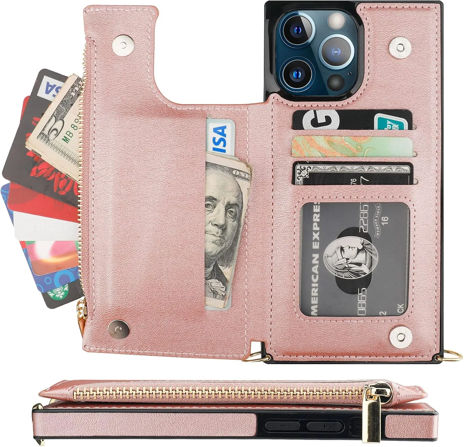 Bocasal Crossbody Wallet Case for iPhone 13 Pro Max with RFID Blocking Card Slot Holder, Magnetic Flip Folio Purse Case, PU Leather Zipper Handbag with Detachable Lanyard Strap 6.7 Inch 5G (Rose Gold)