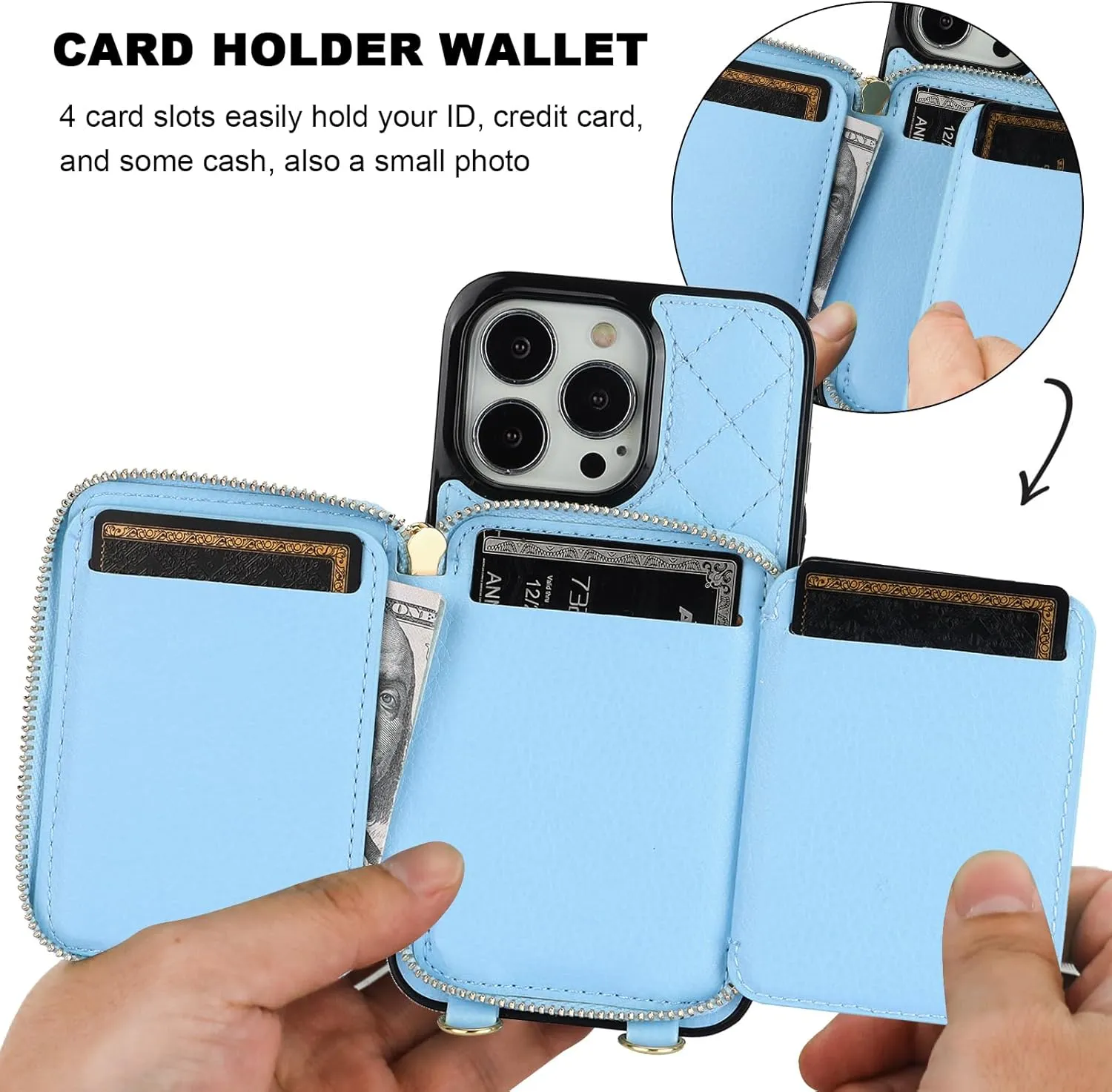 Bocasal Crossbody Wallet Case for iPhone 13 Pro, RFID Blocking PU Leather Zipper Handbag Purse Flip Cover, Kickstand Folio Case with Card Slots Holder Wrist Strap Lanyard 5G 6.1 Inch (Blue)