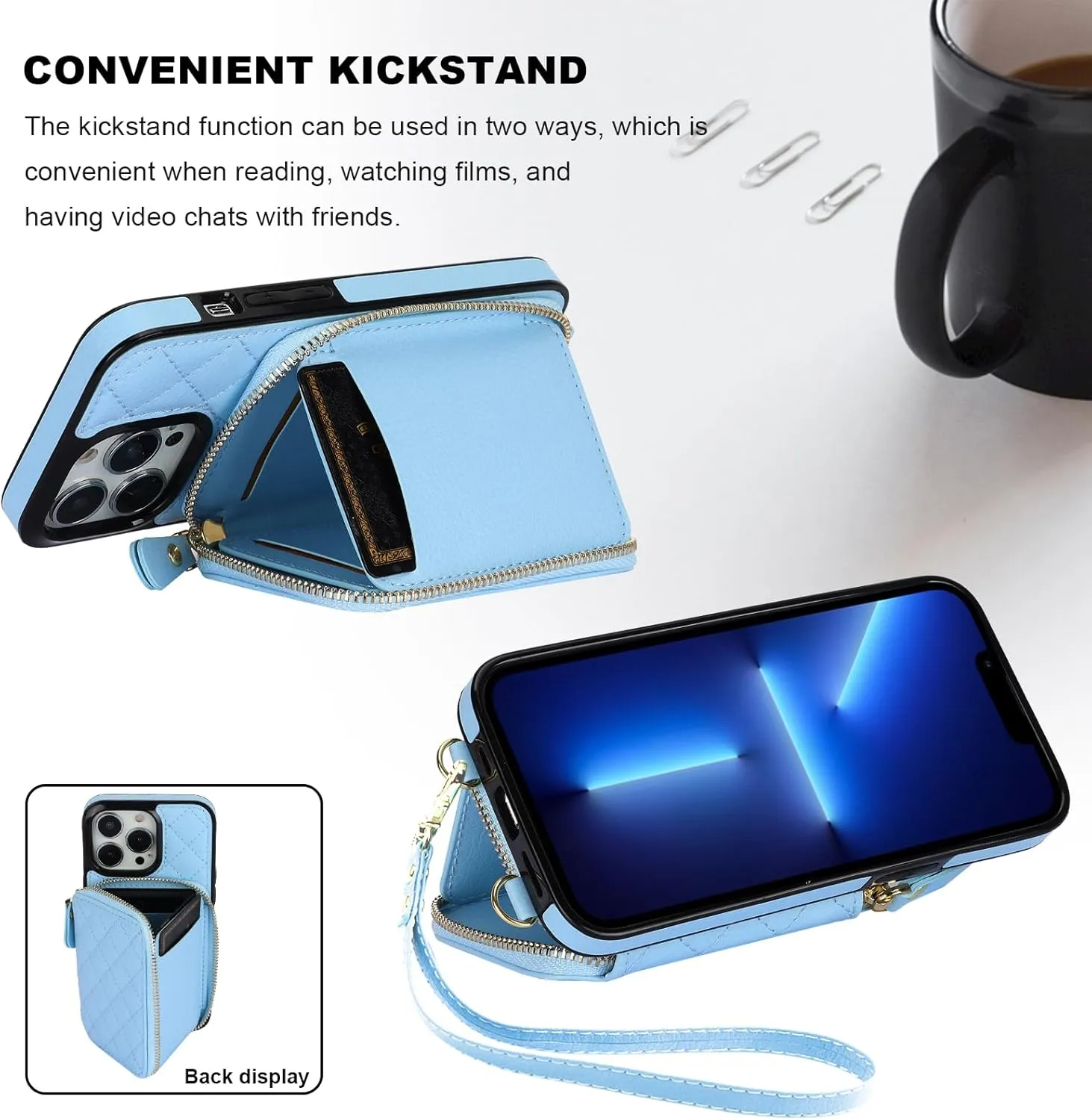 Bocasal Crossbody Wallet Case for iPhone 13 Pro, RFID Blocking PU Leather Zipper Handbag Purse Flip Cover, Kickstand Folio Case with Card Slots Holder Wrist Strap Lanyard 5G 6.1 Inch (Blue)