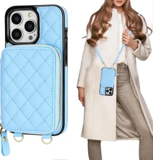 Bocasal Crossbody Wallet Case for iPhone 13 Pro, RFID Blocking PU Leather Zipper Handbag Purse Flip Cover, Kickstand Folio Case with Card Slots Holder Wrist Strap Lanyard 5G 6.1 Inch (Blue)