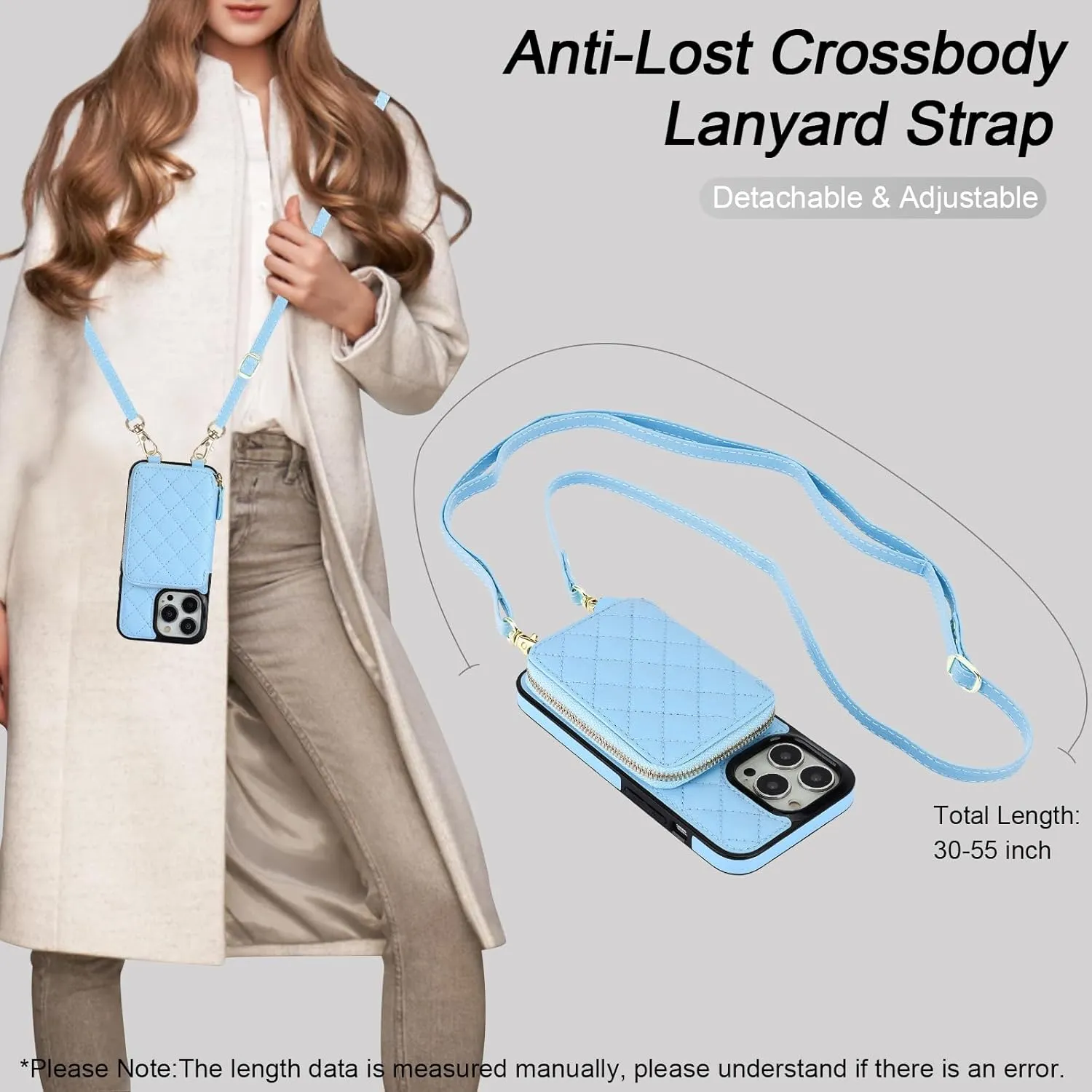 Bocasal Crossbody Wallet Case for iPhone 13 Pro, RFID Blocking PU Leather Zipper Handbag Purse Flip Cover, Kickstand Folio Case with Card Slots Holder Wrist Strap Lanyard 5G 6.1 Inch (Blue)