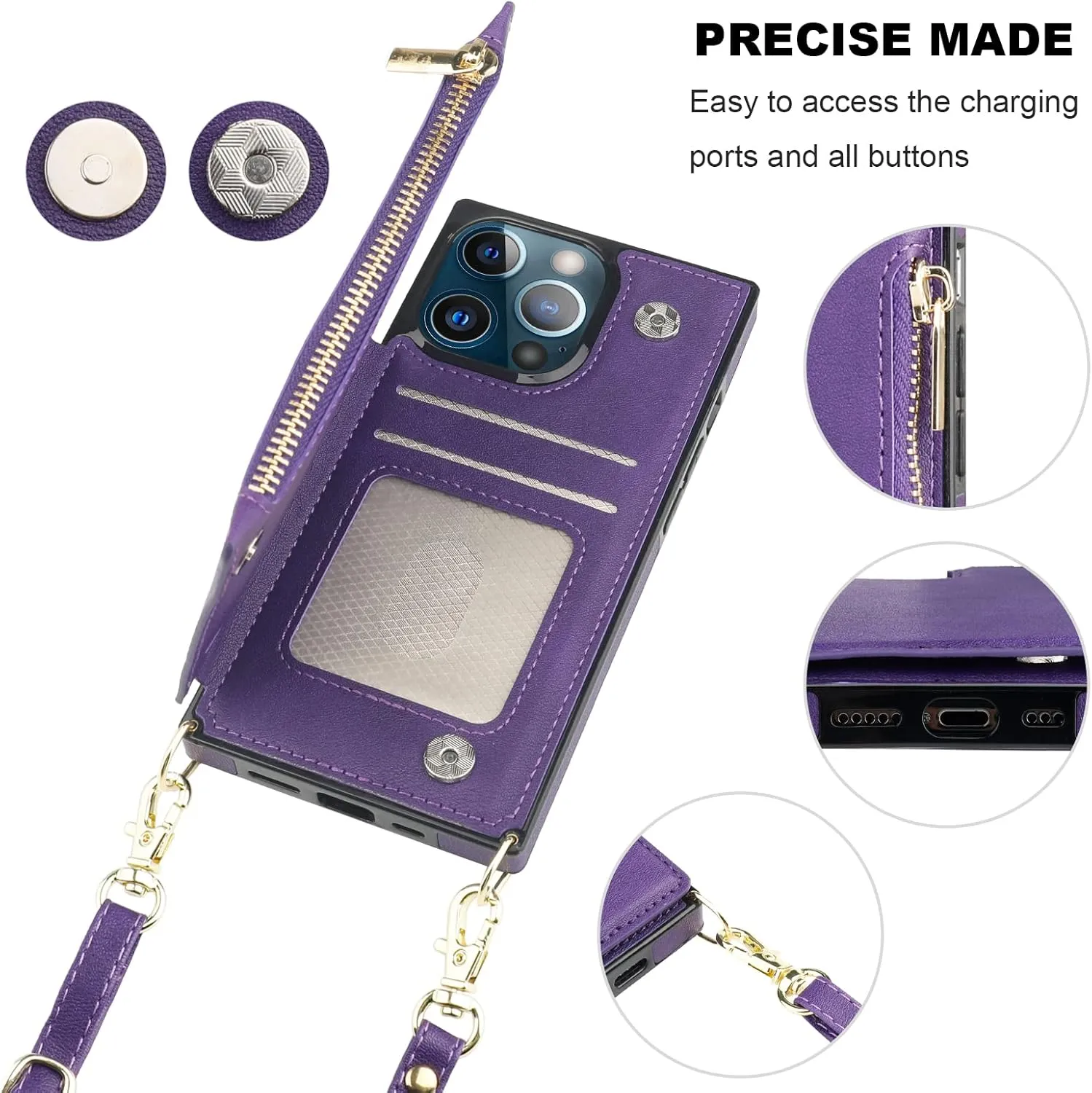 Bocasal Crossbody Wallet Case for iPhone 13 Pro with RFID Blocking Card Slot Holder, Magnetic Flip Folio Purse Case, PU Leather Zipper Handbag with Detachable Lanyard Strap 6.1 Inch 5G (Purple)