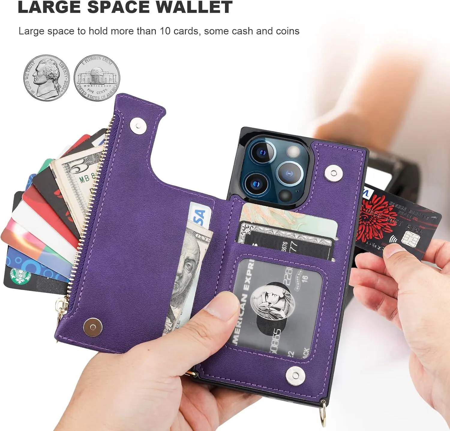 Bocasal Crossbody Wallet Case for iPhone 13 Pro with RFID Blocking Card Slot Holder, Magnetic Flip Folio Purse Case, PU Leather Zipper Handbag with Detachable Lanyard Strap 6.1 Inch 5G (Purple)