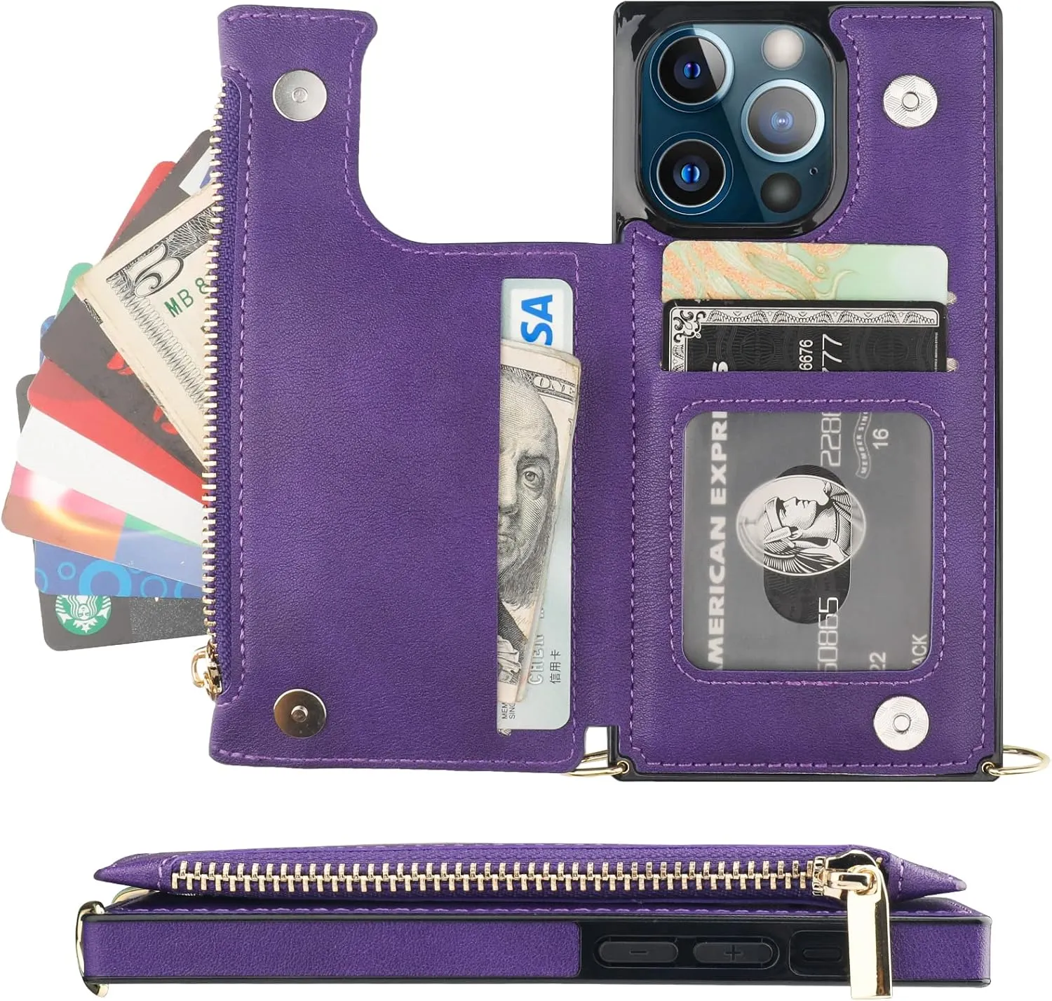Bocasal Crossbody Wallet Case for iPhone 13 Pro with RFID Blocking Card Slot Holder, Magnetic Flip Folio Purse Case, PU Leather Zipper Handbag with Detachable Lanyard Strap 6.1 Inch 5G (Purple)
