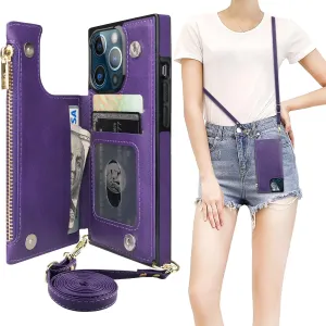 Bocasal Crossbody Wallet Case for iPhone 13 Pro with RFID Blocking Card Slot Holder, Magnetic Flip Folio Purse Case, PU Leather Zipper Handbag with Detachable Lanyard Strap 6.1 Inch 5G (Purple)