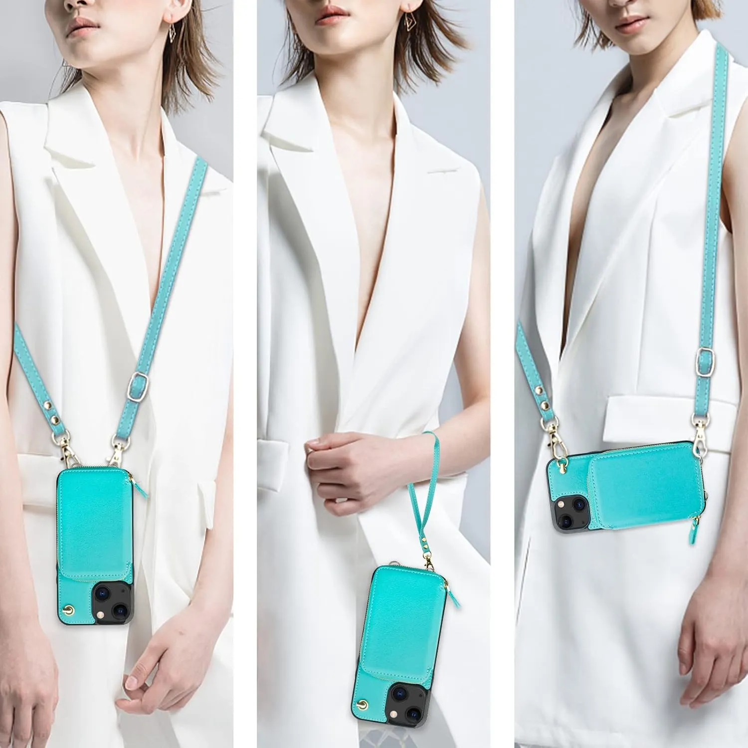 Bocasal Crossbody Wallet Case for iPhone 13, RFID Blocking Leather Purse Case with Card Holder, Protective Handbag Flip Cover with Zipper Wrist Strap Lanyard for Women 5G 6.1 Inch (Mint Green)