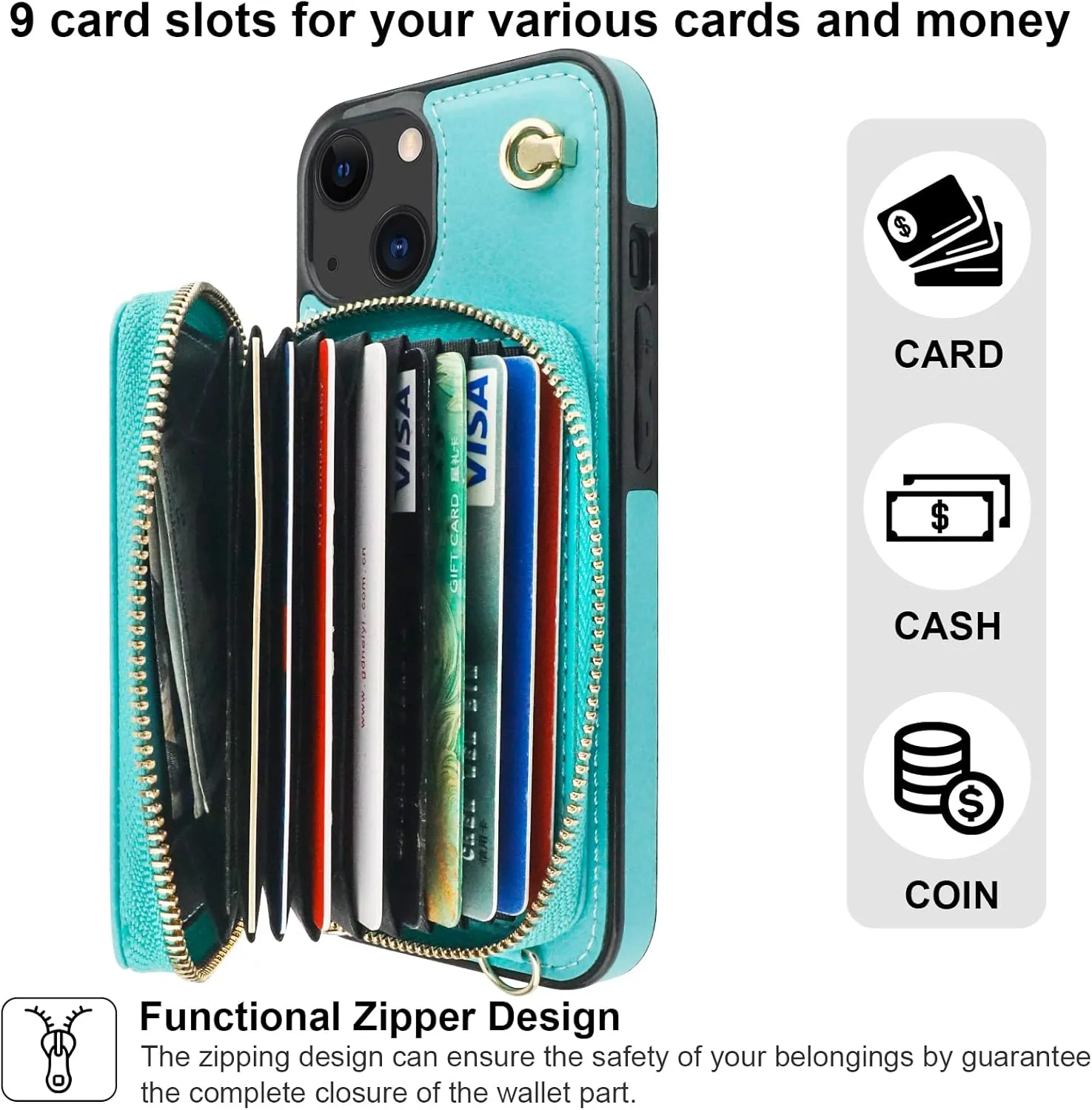 Bocasal Crossbody Wallet Case for iPhone 13, RFID Blocking Leather Purse Case with Card Holder, Protective Handbag Flip Cover with Zipper Wrist Strap Lanyard for Women 5G 6.1 Inch (Mint Green)