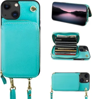 Bocasal Crossbody Wallet Case for iPhone 13, RFID Blocking Leather Purse Case with Card Holder, Protective Handbag Flip Cover with Zipper Wrist Strap Lanyard for Women 5G 6.1 Inch (Mint Green)