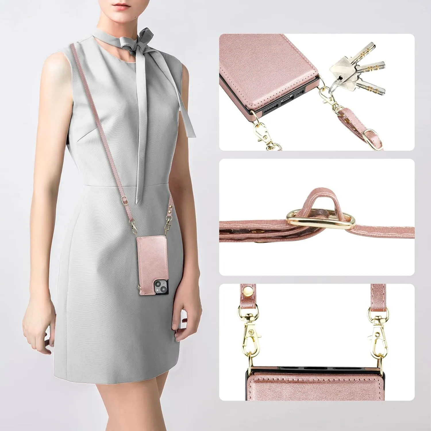 Bocasal Crossbody Wallet Case for iPhone 14 Plus with RFID Blocking Card Slot Holder, Magnetic Flip Folio Purse Case, PU Leather Zipper Handbag with Detachable Lanyard Strap 6.7 Inch 5G (Rose Gold)
