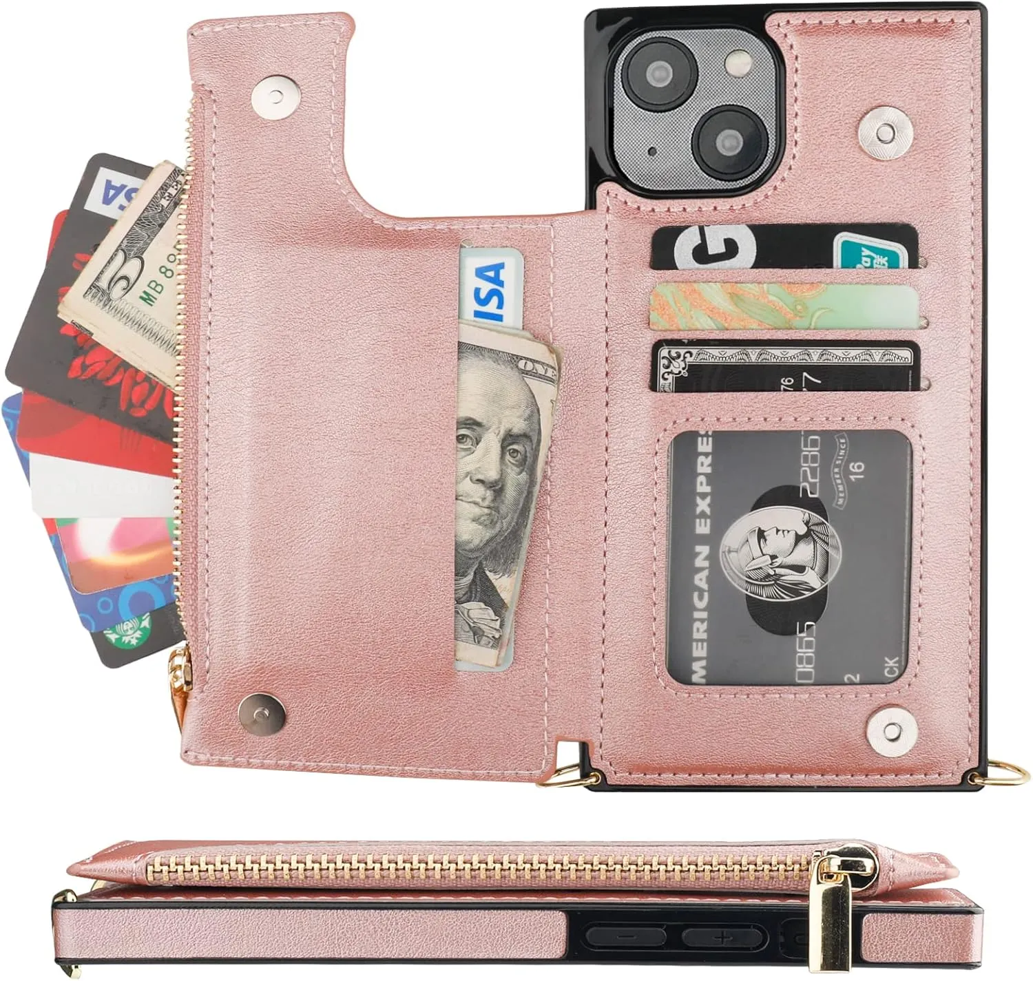 Bocasal Crossbody Wallet Case for iPhone 14 Plus with RFID Blocking Card Slot Holder, Magnetic Flip Folio Purse Case, PU Leather Zipper Handbag with Detachable Lanyard Strap 6.7 Inch 5G (Rose Gold)