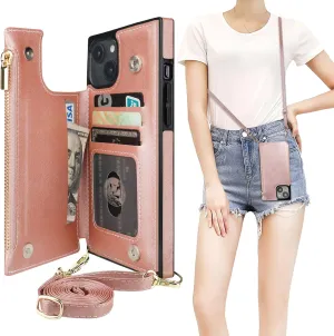Bocasal Crossbody Wallet Case for iPhone 14 Plus with RFID Blocking Card Slot Holder, Magnetic Flip Folio Purse Case, PU Leather Zipper Handbag with Detachable Lanyard Strap 6.7 Inch 5G (Rose Gold)