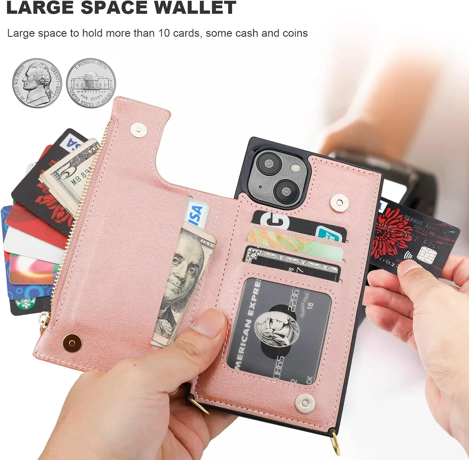 Bocasal Crossbody Wallet Case for iPhone 14 Plus with RFID Blocking Card Slot Holder, Magnetic Flip Folio Purse Case, PU Leather Zipper Handbag with Detachable Lanyard Strap 6.7 Inch 5G (Rose Gold)
