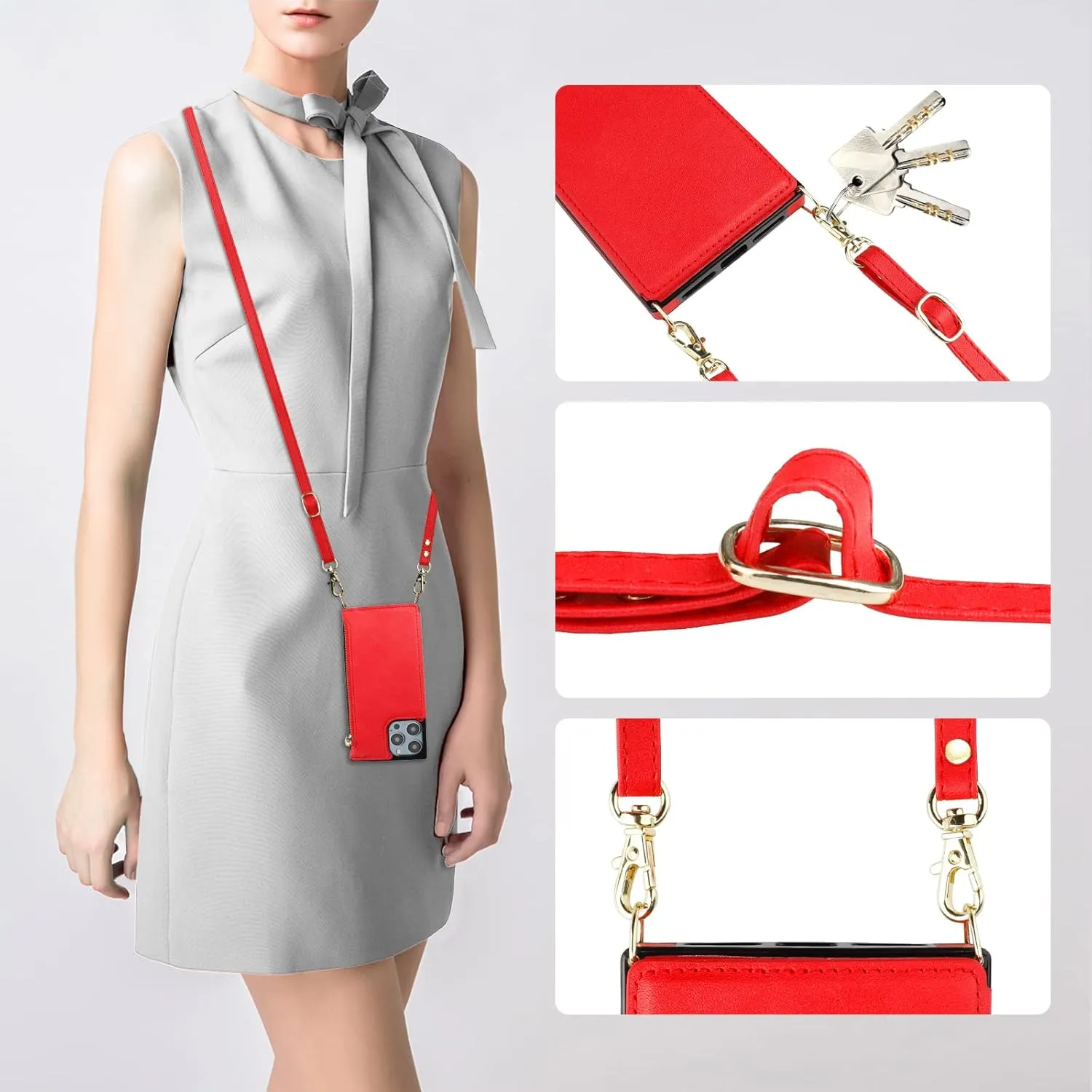 Bocasal Crossbody Wallet Case for iPhone 14 Pro Max with RFID Blocking Card Slot Holder, Magnetic Flip Folio Purse Case, PU Leather Zipper Handbag with Detachable Lanyard Strap 6.7 Inch 5G (Red)