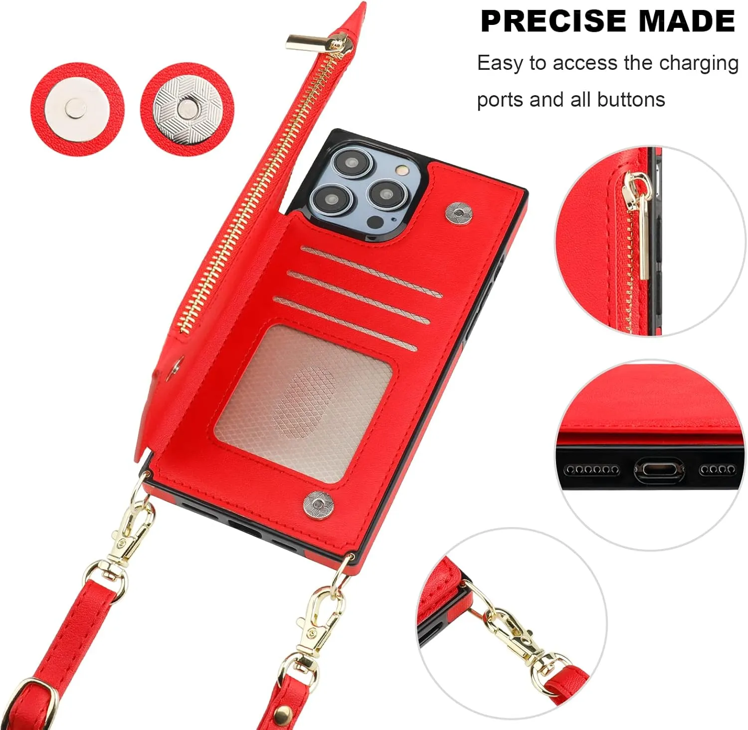 Bocasal Crossbody Wallet Case for iPhone 14 Pro Max with RFID Blocking Card Slot Holder, Magnetic Flip Folio Purse Case, PU Leather Zipper Handbag with Detachable Lanyard Strap 6.7 Inch 5G (Red)