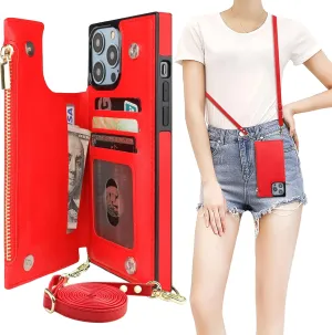 Bocasal Crossbody Wallet Case for iPhone 14 Pro Max with RFID Blocking Card Slot Holder, Magnetic Flip Folio Purse Case, PU Leather Zipper Handbag with Detachable Lanyard Strap 6.7 Inch 5G (Red)