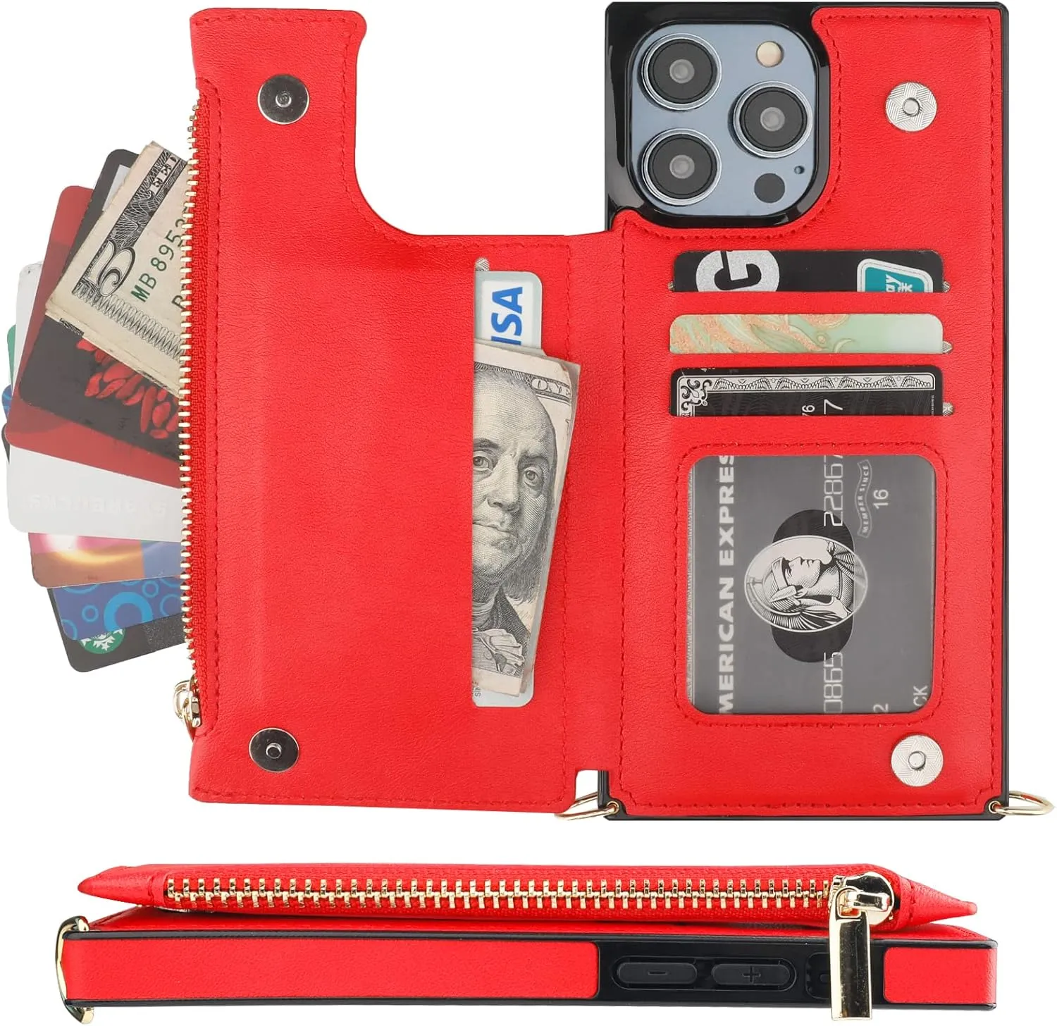 Bocasal Crossbody Wallet Case for iPhone 14 Pro Max with RFID Blocking Card Slot Holder, Magnetic Flip Folio Purse Case, PU Leather Zipper Handbag with Detachable Lanyard Strap 6.7 Inch 5G (Red)