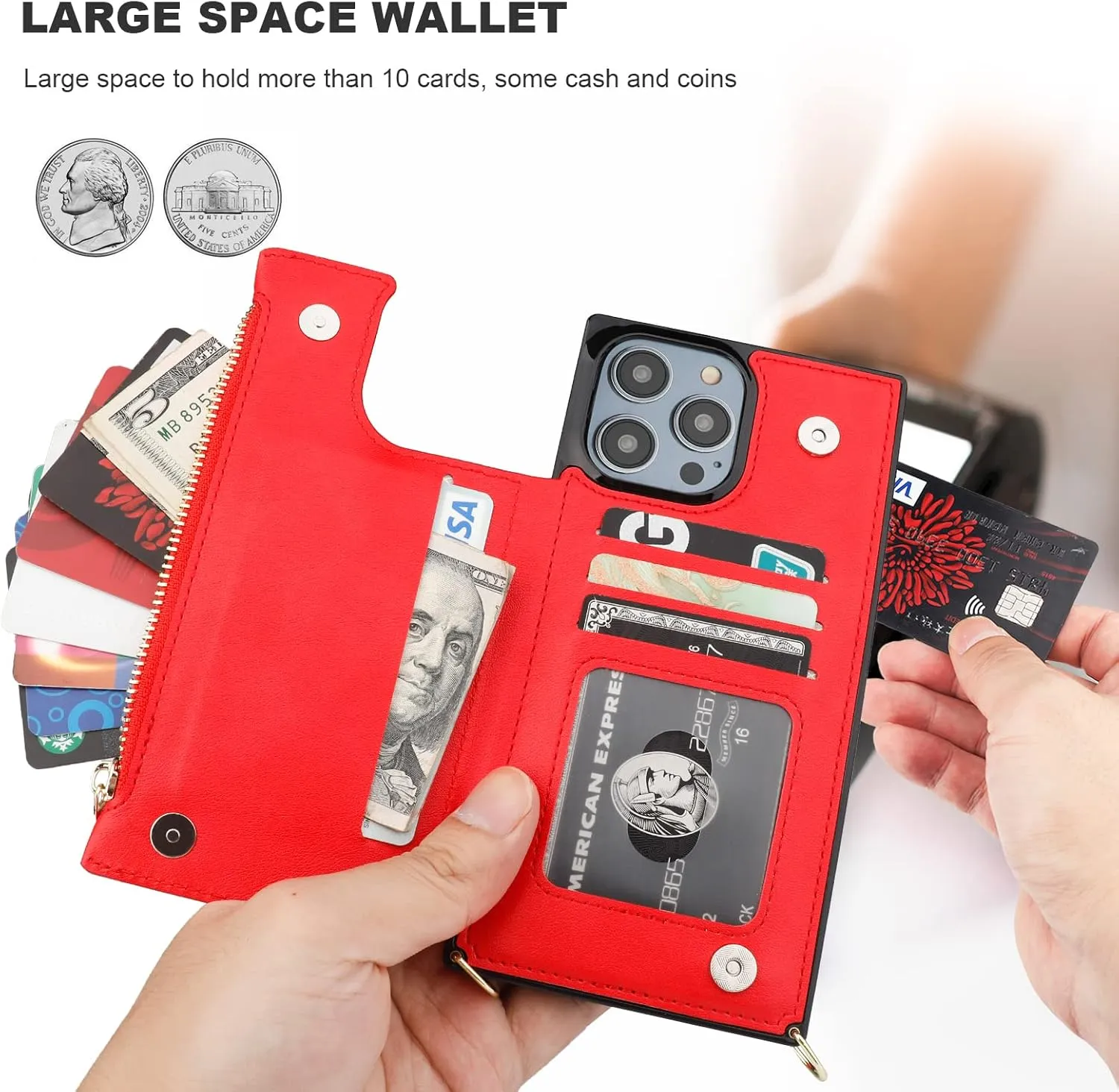 Bocasal Crossbody Wallet Case for iPhone 14 Pro Max with RFID Blocking Card Slot Holder, Magnetic Flip Folio Purse Case, PU Leather Zipper Handbag with Detachable Lanyard Strap 6.7 Inch 5G (Red)