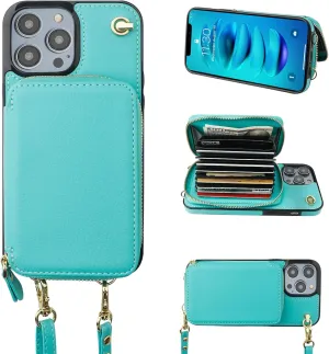 Bocasal Crossbody Wallet Case for iPhone 14 Pro, RFID Blocking Leather Purse Case with Card Holder, Protective Handbag Flip Cover with Slots Zipper Wrist Strap Lanyard Women 5G 6.1 Inch (Mint Green)