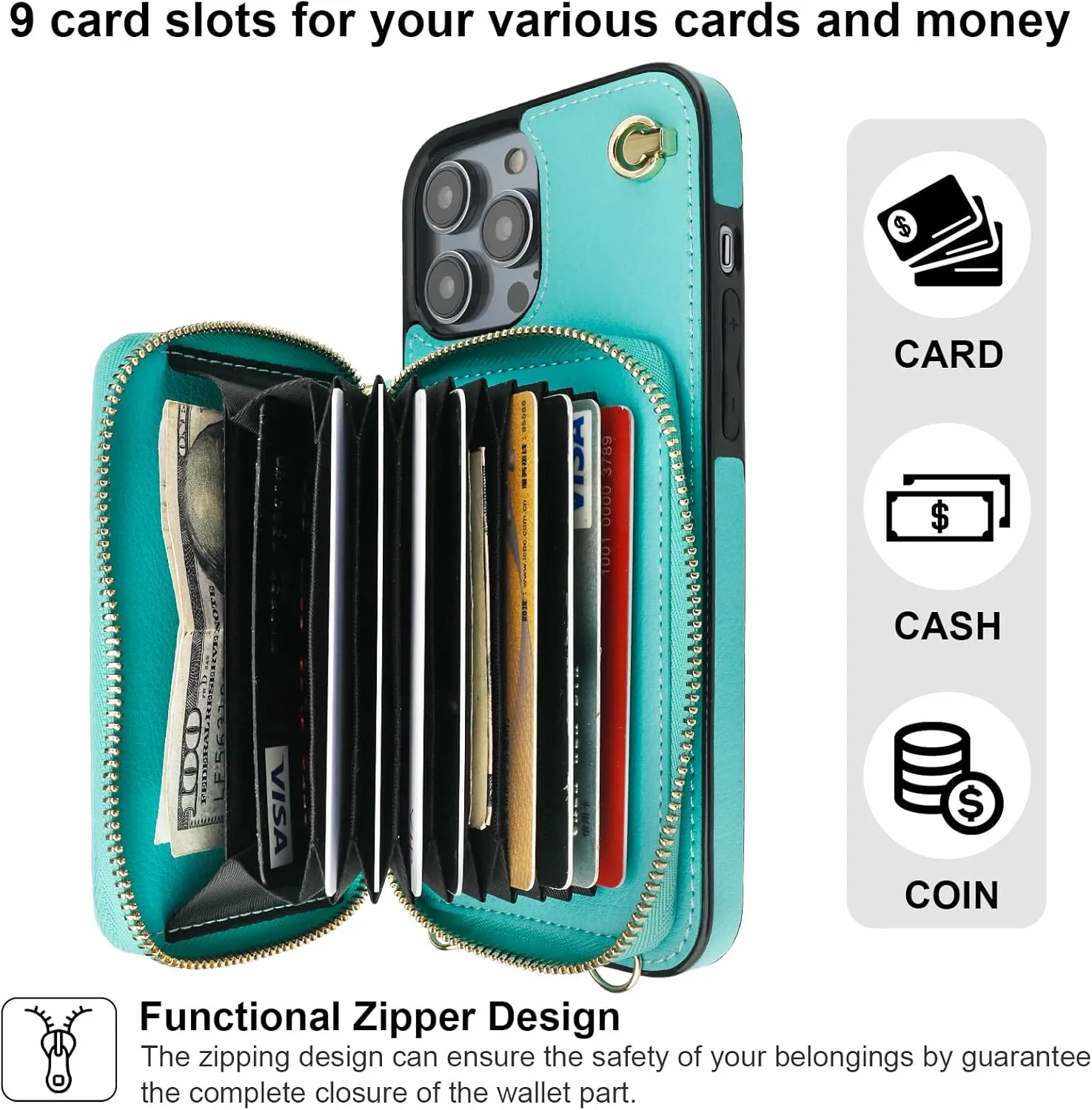 Bocasal Crossbody Wallet Case for iPhone 14 Pro, RFID Blocking Leather Purse Case with Card Holder, Protective Handbag Flip Cover with Slots Zipper Wrist Strap Lanyard Women 5G 6.1 Inch (Mint Green)