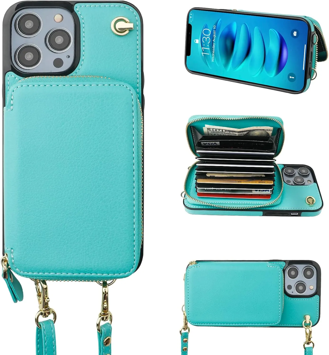 Bocasal Crossbody Wallet Case for iPhone 14 Pro, RFID Blocking Leather Purse Case with Card Holder, Protective Handbag Flip Cover with Slots Zipper Wrist Strap Lanyard Women 5G 6.1 Inch (Mint Green)