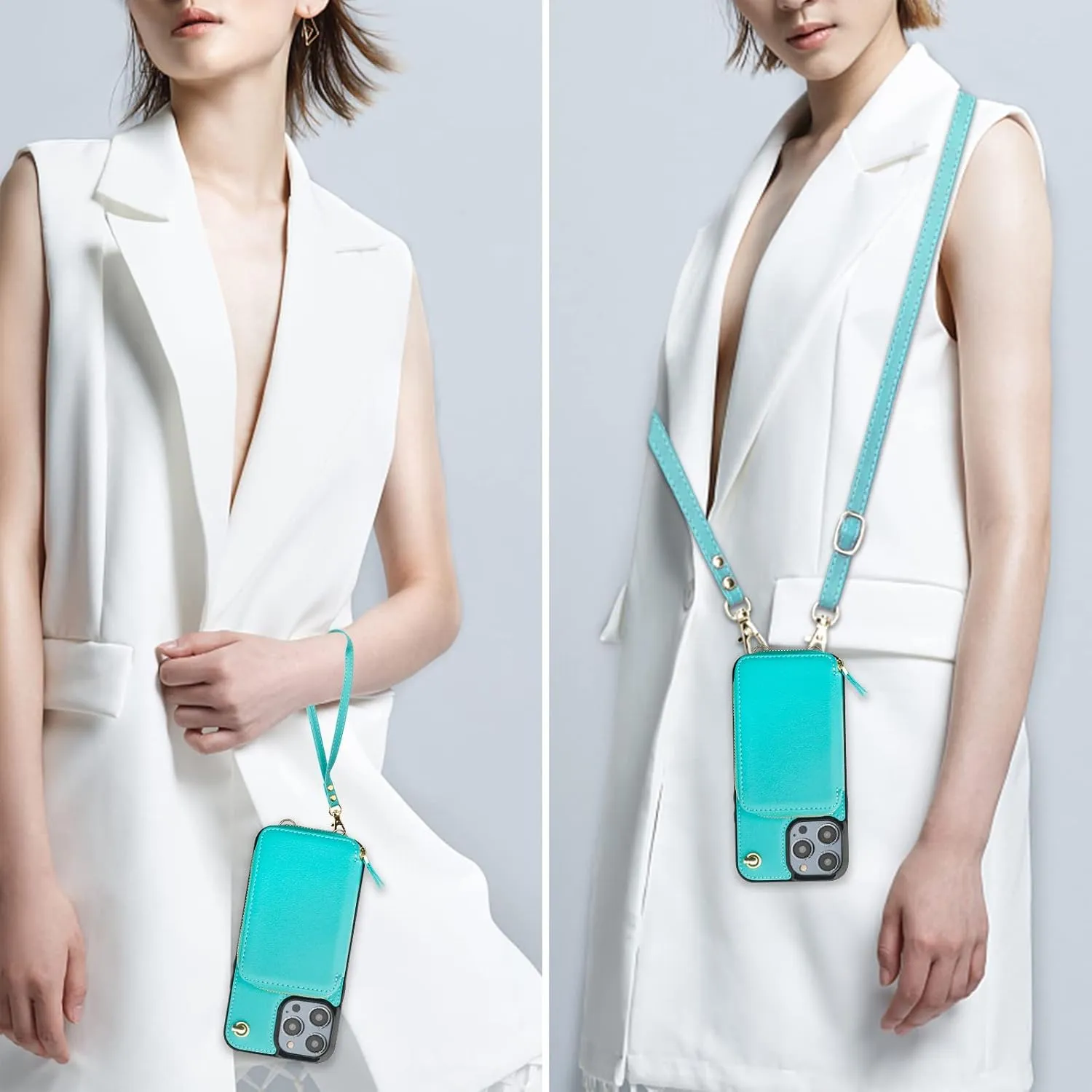 Bocasal Crossbody Wallet Case for iPhone 14 Pro, RFID Blocking Leather Purse Case with Card Holder, Protective Handbag Flip Cover with Slots Zipper Wrist Strap Lanyard Women 5G 6.1 Inch (Mint Green)