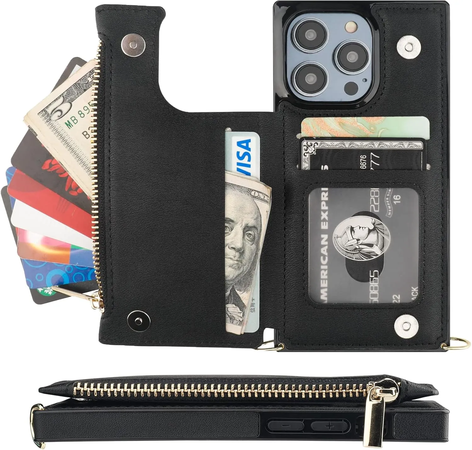 Bocasal Crossbody Wallet Case for iPhone 14 Pro with RFID Blocking Card Slot Holder, Magnetic Flip Folio Purse Case, PU Leather Zipper Handbag with Detachable Lanyard Strap 6.1 Inch 5G (Black)