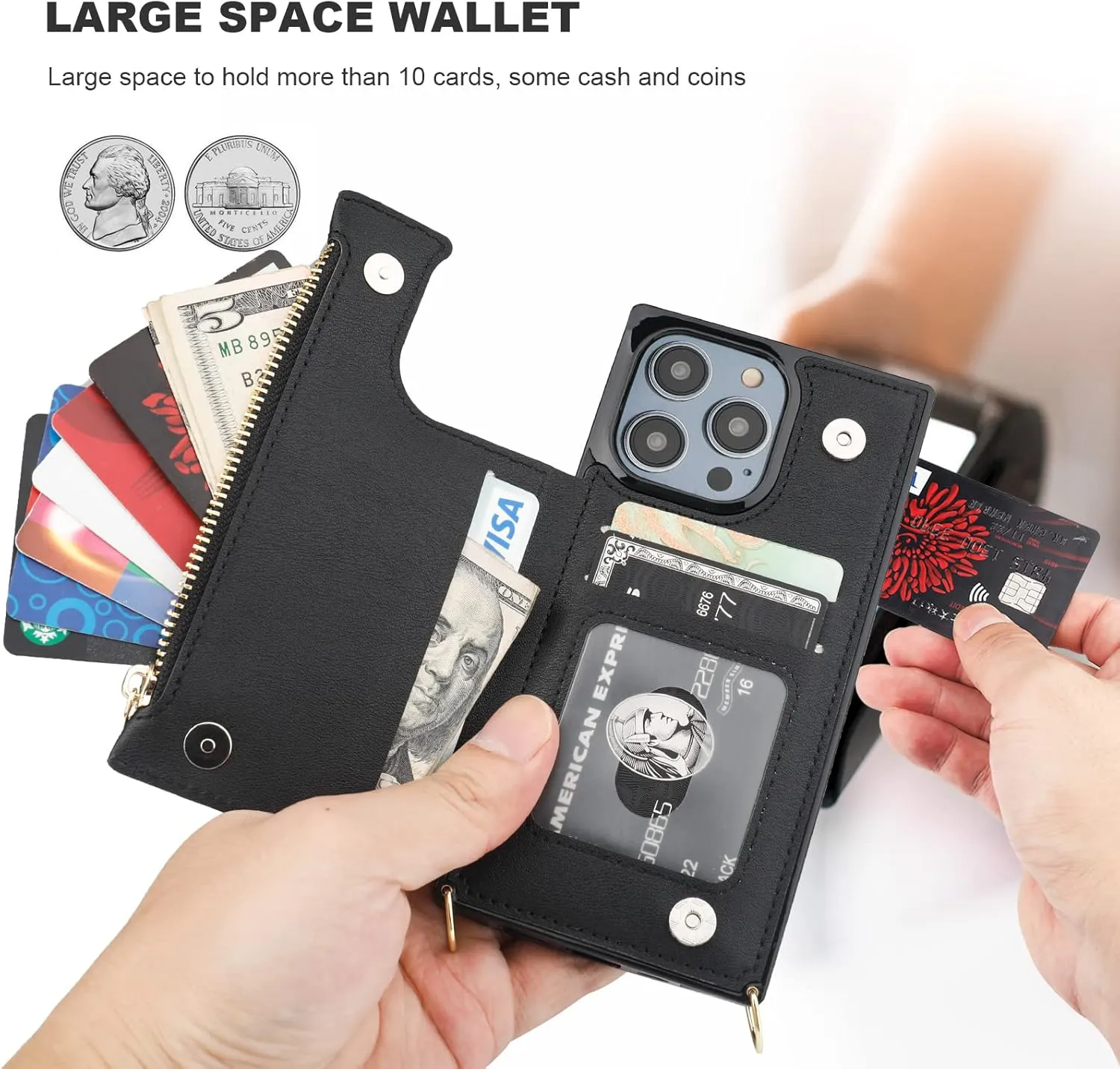 Bocasal Crossbody Wallet Case for iPhone 14 Pro with RFID Blocking Card Slot Holder, Magnetic Flip Folio Purse Case, PU Leather Zipper Handbag with Detachable Lanyard Strap 6.1 Inch 5G (Black)