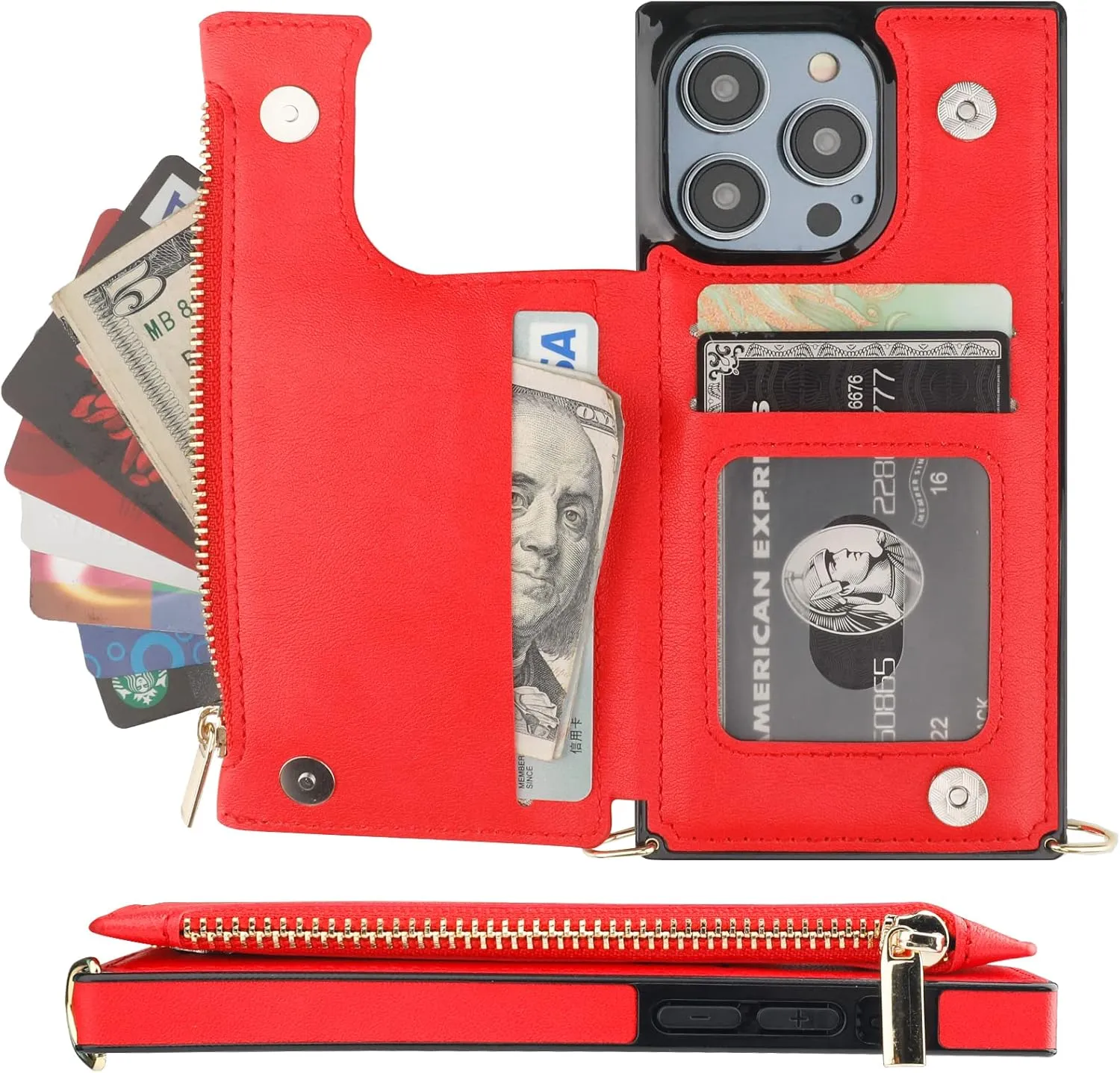Bocasal Crossbody Wallet Case for iPhone 14 Pro with RFID Blocking Card Slot Holder, Magnetic Flip Folio Purse Case, PU Leather Zipper Handbag with Detachable Lanyard Strap 6.1 Inch 5G (Red)