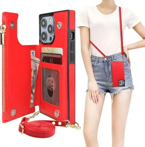 Bocasal Crossbody Wallet Case for iPhone 14 Pro with RFID Blocking Card Slot Holder, Magnetic Flip Folio Purse Case, PU Leather Zipper Handbag with Detachable Lanyard Strap 6.1 Inch 5G (Red)