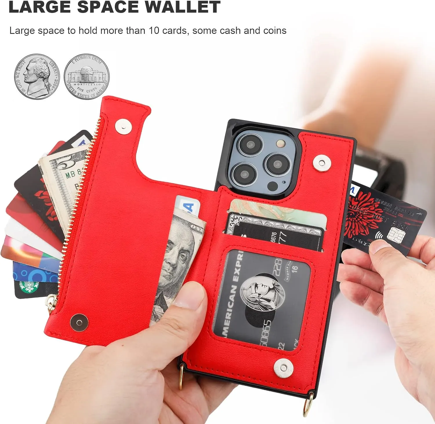 Bocasal Crossbody Wallet Case for iPhone 14 Pro with RFID Blocking Card Slot Holder, Magnetic Flip Folio Purse Case, PU Leather Zipper Handbag with Detachable Lanyard Strap 6.1 Inch 5G (Red)