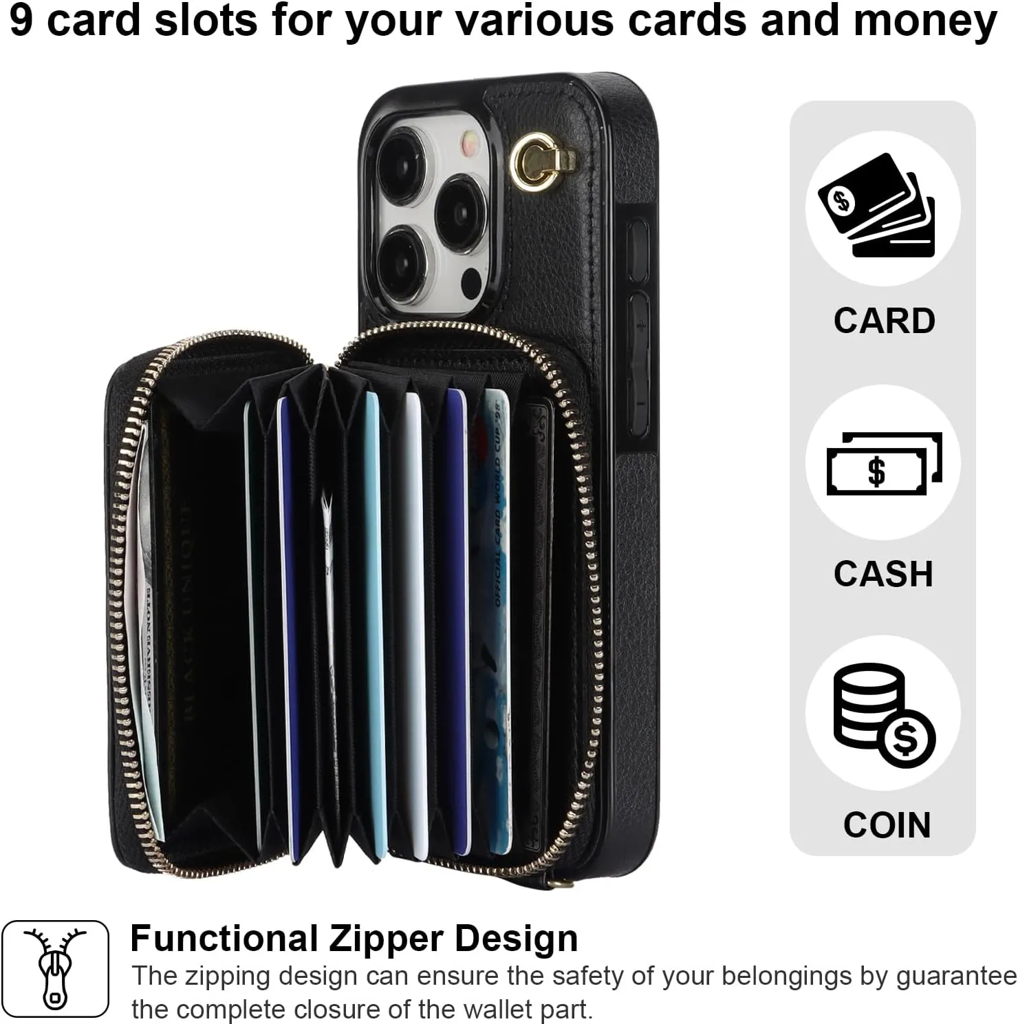 Bocasal Crossbody Wallet Case for iPhone 15 Pro, RFID Blocking Leather Purse Case with Card Holder, Protective Handbag Flip Cover with Zipper Wrist Strap Lanyard for Women 5G 6.1 Inch (Black)