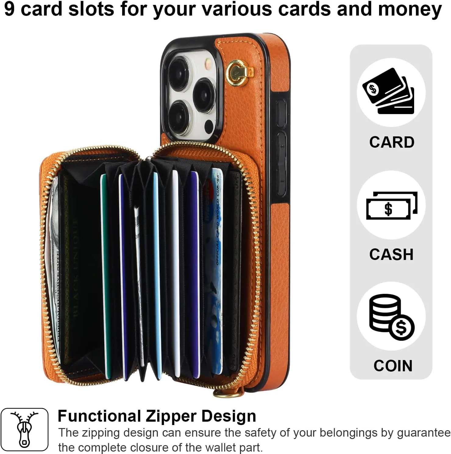 Bocasal Crossbody Wallet Case for iPhone 15 Pro, RFID Blocking Leather Purse Case with Card Holder, Protective Handbag Flip Cover with Zipper Wrist Strap Lanyard for Women 5G 6.1 Inch (Brown)