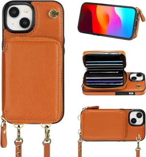 Bocasal Crossbody Wallet Case for iPhone 15, RFID Blocking Leather Purse Case with Card Holder, Protective Handbag Flip Cover with Zipper Wrist Strap Lanyard for Women 5G 6.1 Inch (Brown)