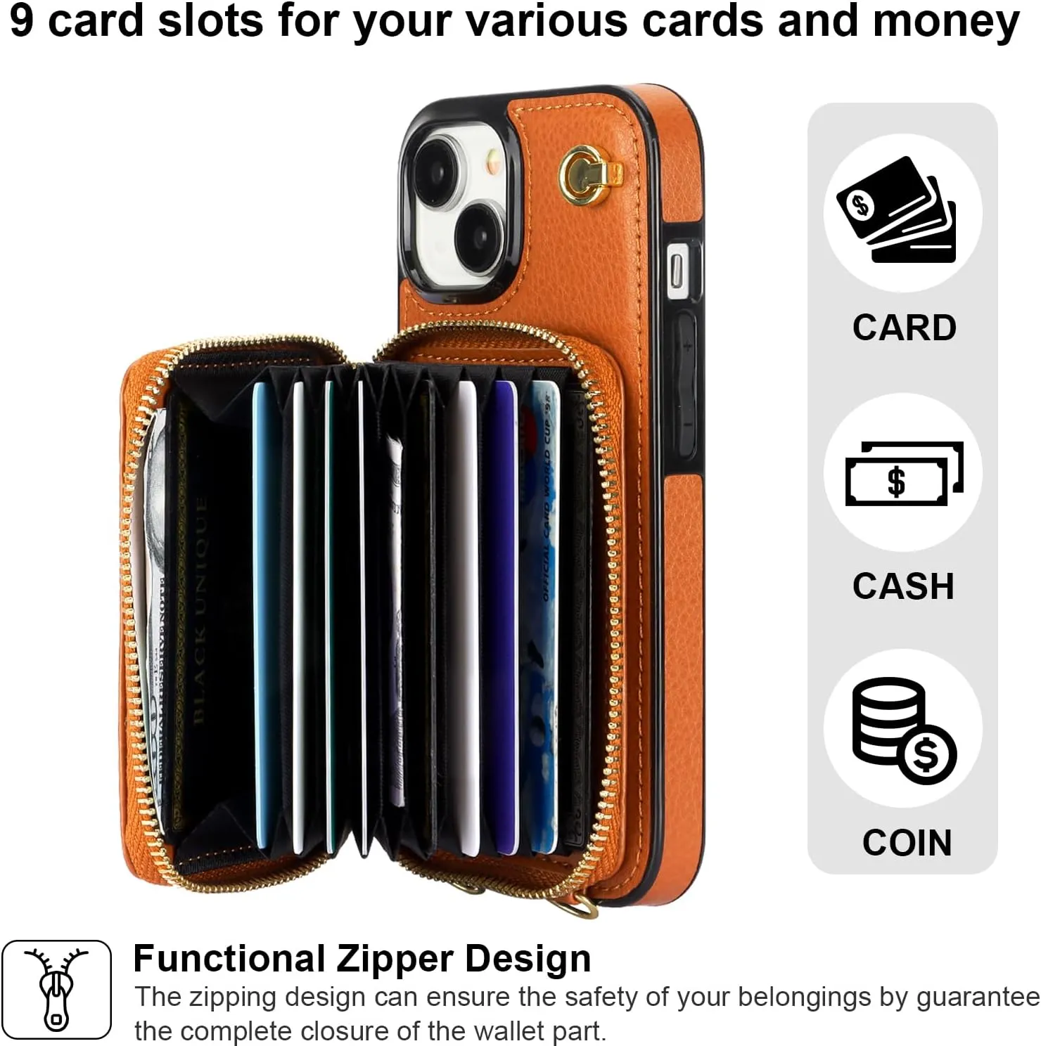 Bocasal Crossbody Wallet Case for iPhone 15, RFID Blocking Leather Purse Case with Card Holder, Protective Handbag Flip Cover with Zipper Wrist Strap Lanyard for Women 5G 6.1 Inch (Brown)